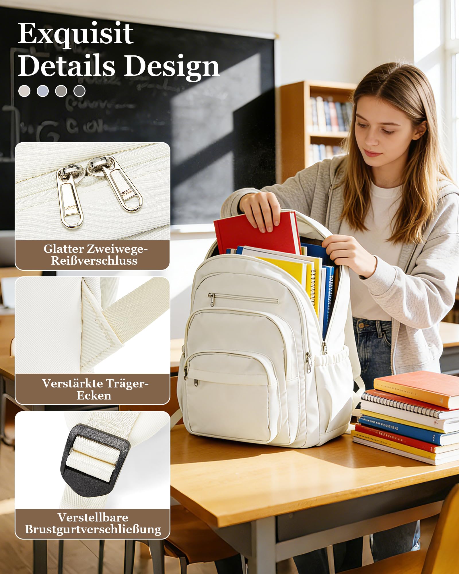 Rucksack Damen Herren, Schulrucksack Groß mit Vielen Fächern, Waterproof Rucksack Leicht für Schule, Schulrucksack Teenager Daypacks Backpack für Jungen Mädchen, Beige