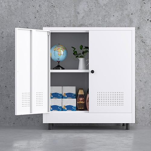 Miniatura 8 de Armario de almacenamiento de metal con 2 puertas y estante ajustable, aparador de pie independiente para el hogar, oficina, entrada, pasillo, sala