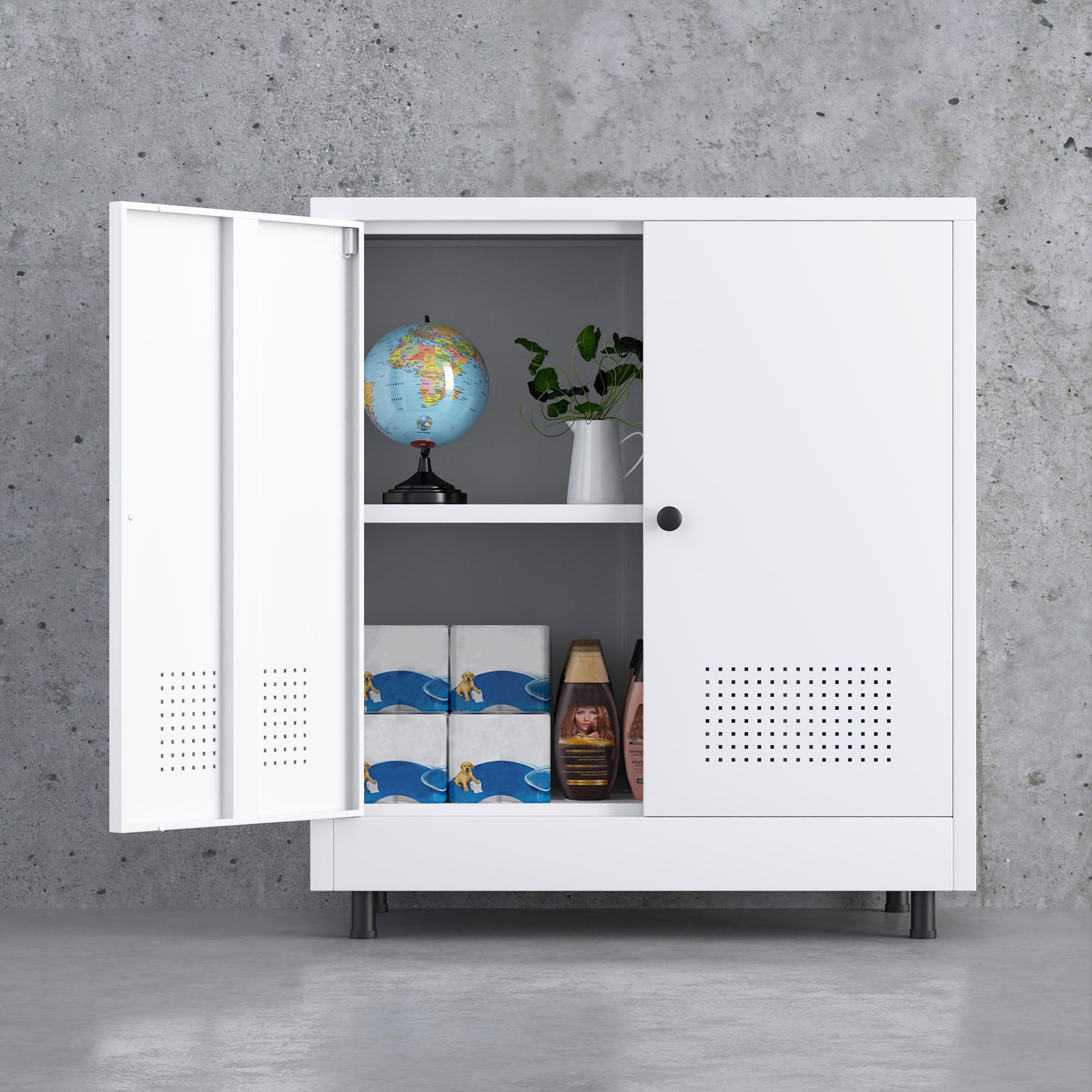 Armadietto in metallo con 2 ante e ripiano regolabile, credenza in acciaio per casa, ufficio, ingresso, soggiorno, dispensa e sala da pranzo (bianco)