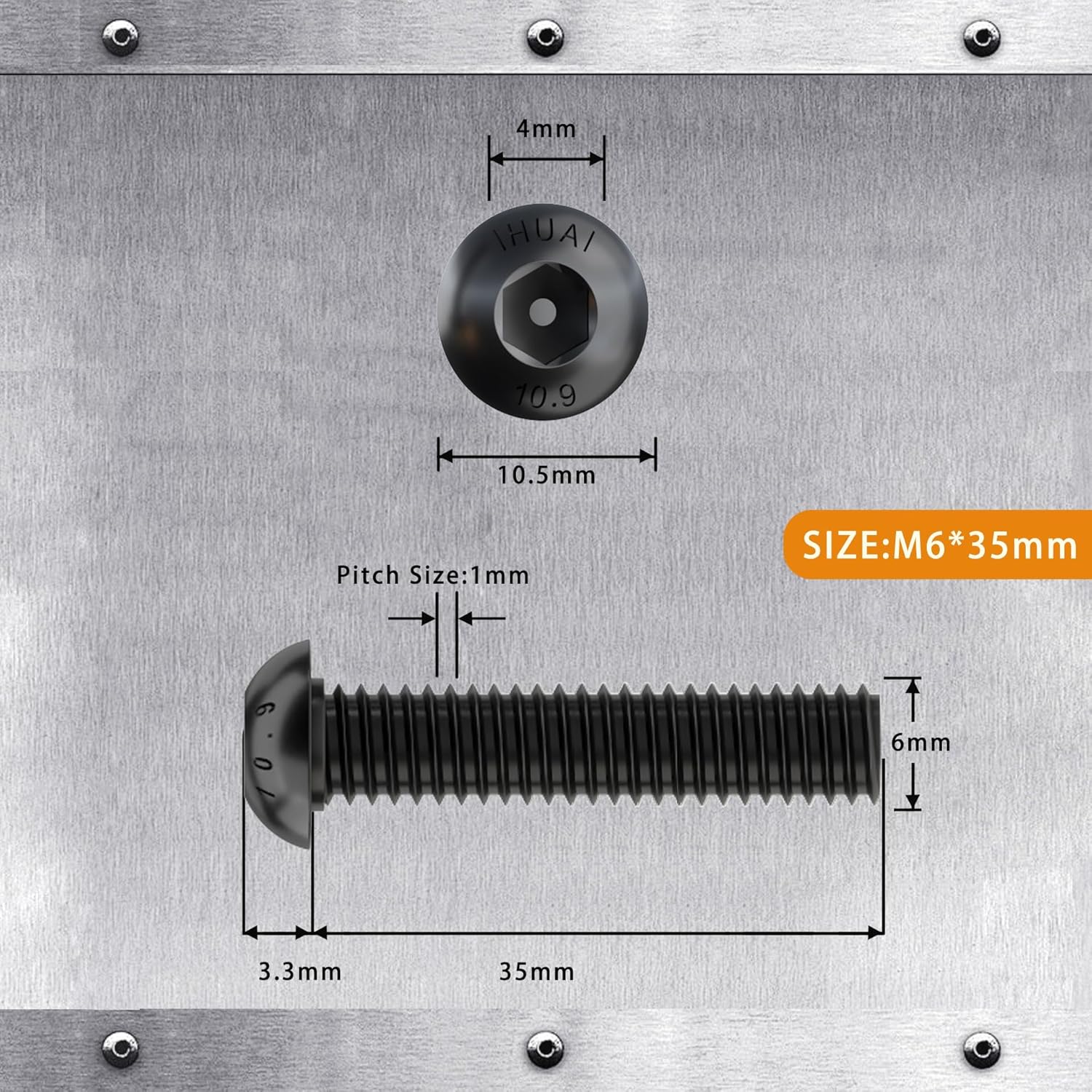 M6-1.0 x 35mm Button Head Socket Cap Bolts Screws, 10.9 Grade Alloy Steel, Black Oxide Finish, Machine Thread, Allen Socket Drive, Quantity 25