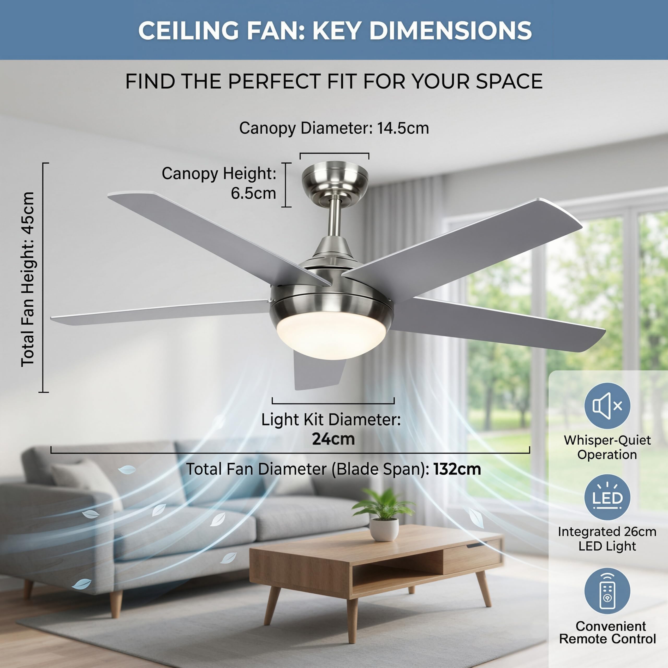 Deckenventilator mit Beleuchtung 132cm DC Fernbedienung dimmbar 3000K-6500K 6 Geschwindigkeiten Timer