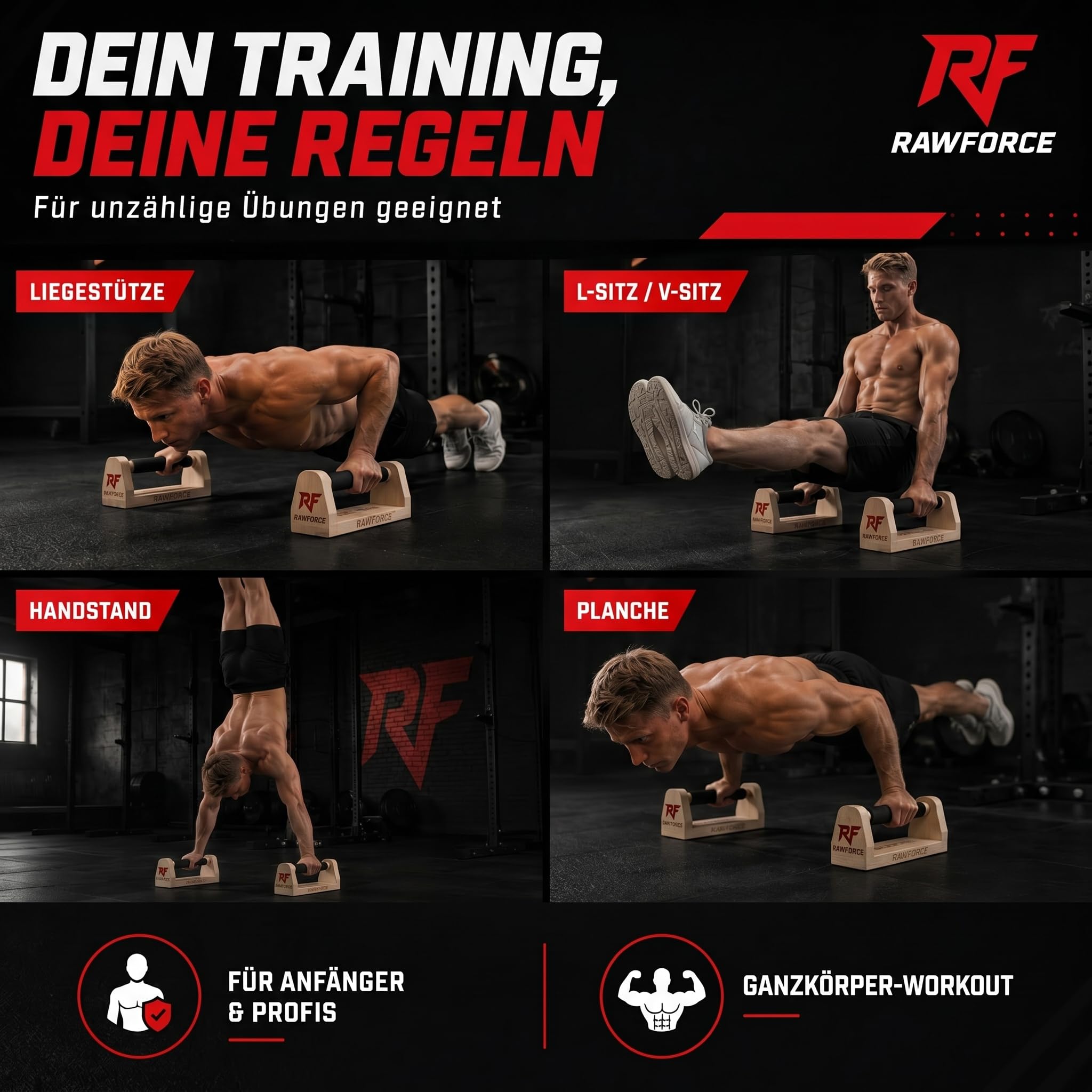 RawForce 2x Liegestützgriffe aus Holz - Joint-Friendly & Rutschfest - Parallettes Push Up Bar - Handstand Griffe - Liegestützbrett - Liegestütze & Calisthenics Equipment - Von Profi Entwickelt