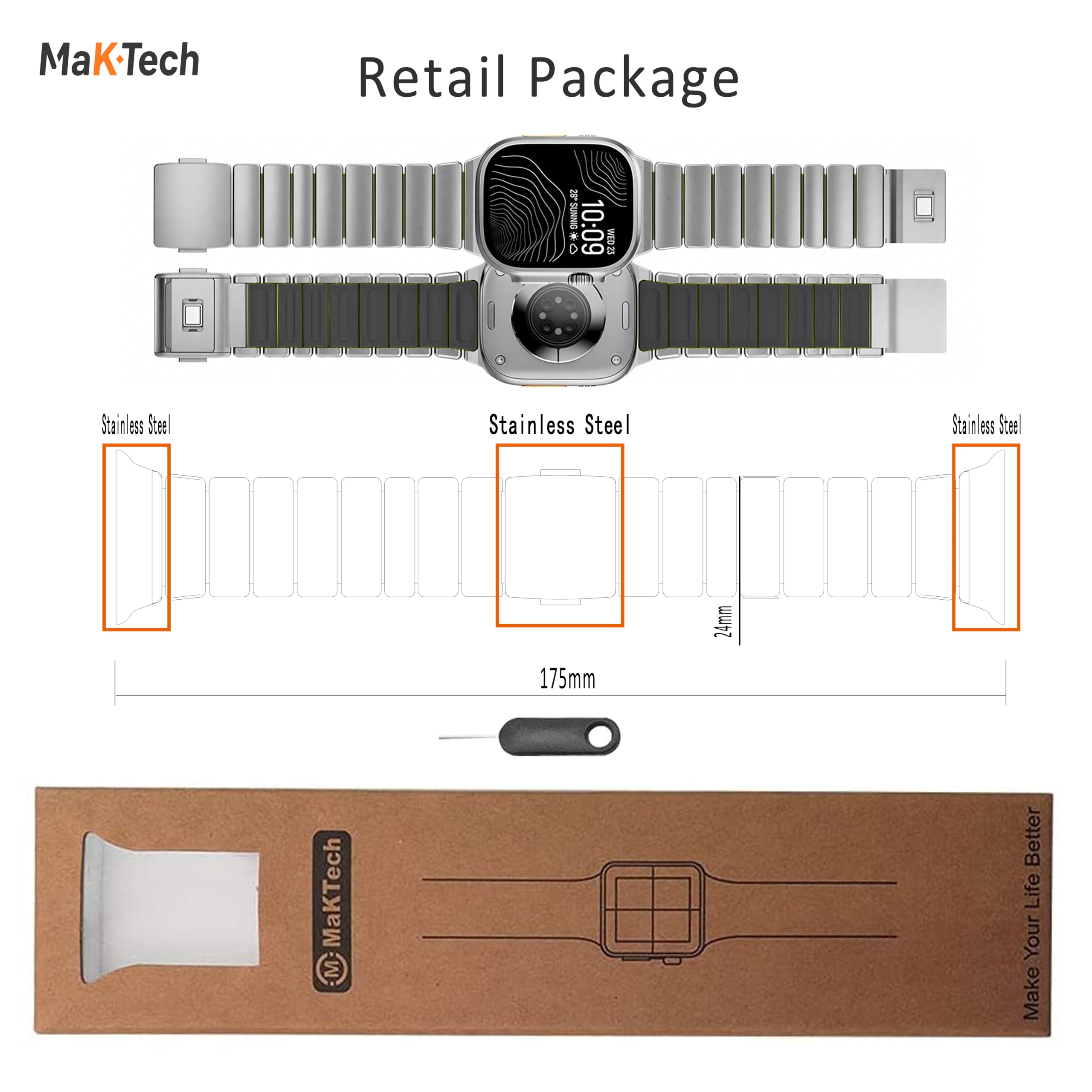 Cinturino Titanio Apple Watch 11/10/9, Ultra 3, SE, Rivestito Silicone, DLC | MaKTech, DLC Antigraffio, Chiusura Magnetica, Bracciale Leggero, per Apple Watch 11/10/9/8/7/6/5/4, Ultra 3/2/1, SE 3/2/1