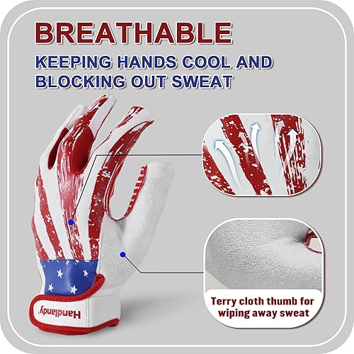 Miniatura 4 de HANDLANDY Guantes de fútbol juvenil para niños y niñas, guantes de receptor ancho adhesivo para niños, guantes de fútbol con bandera juvenil