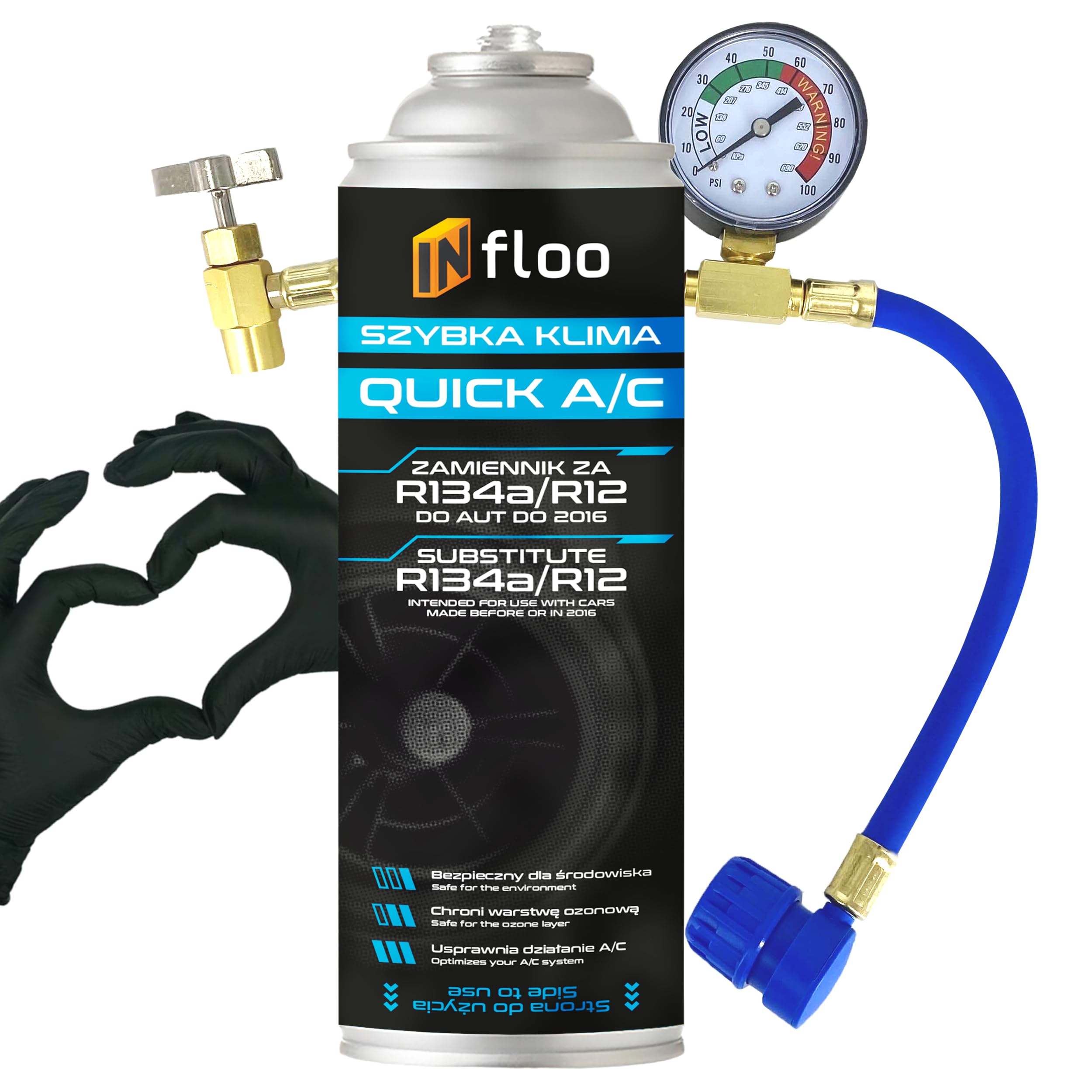 INfloo Quick A/C R134a Kältemittel + Schlauch mit Manometer + Handschuhe