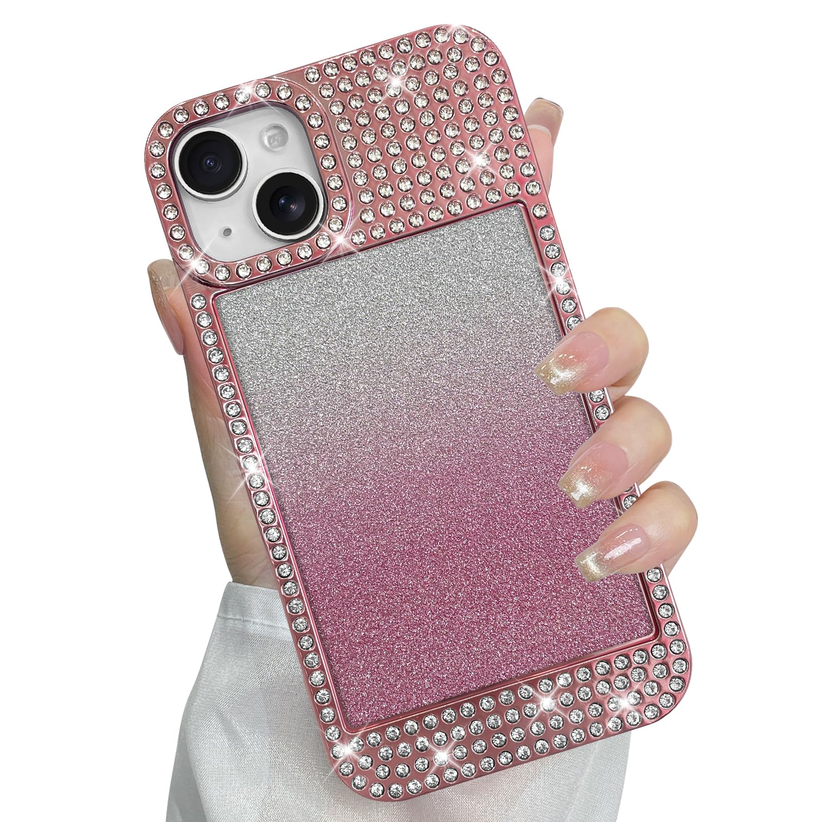 Compatible with iPhone 15 Case, Glitter Diamond Crystal Rhinestone Cute Slim Electroplating Shiny Bling Sparkly Cover for Women Girls, Wireless Shockproof TPU Protective Phone Case, Pink