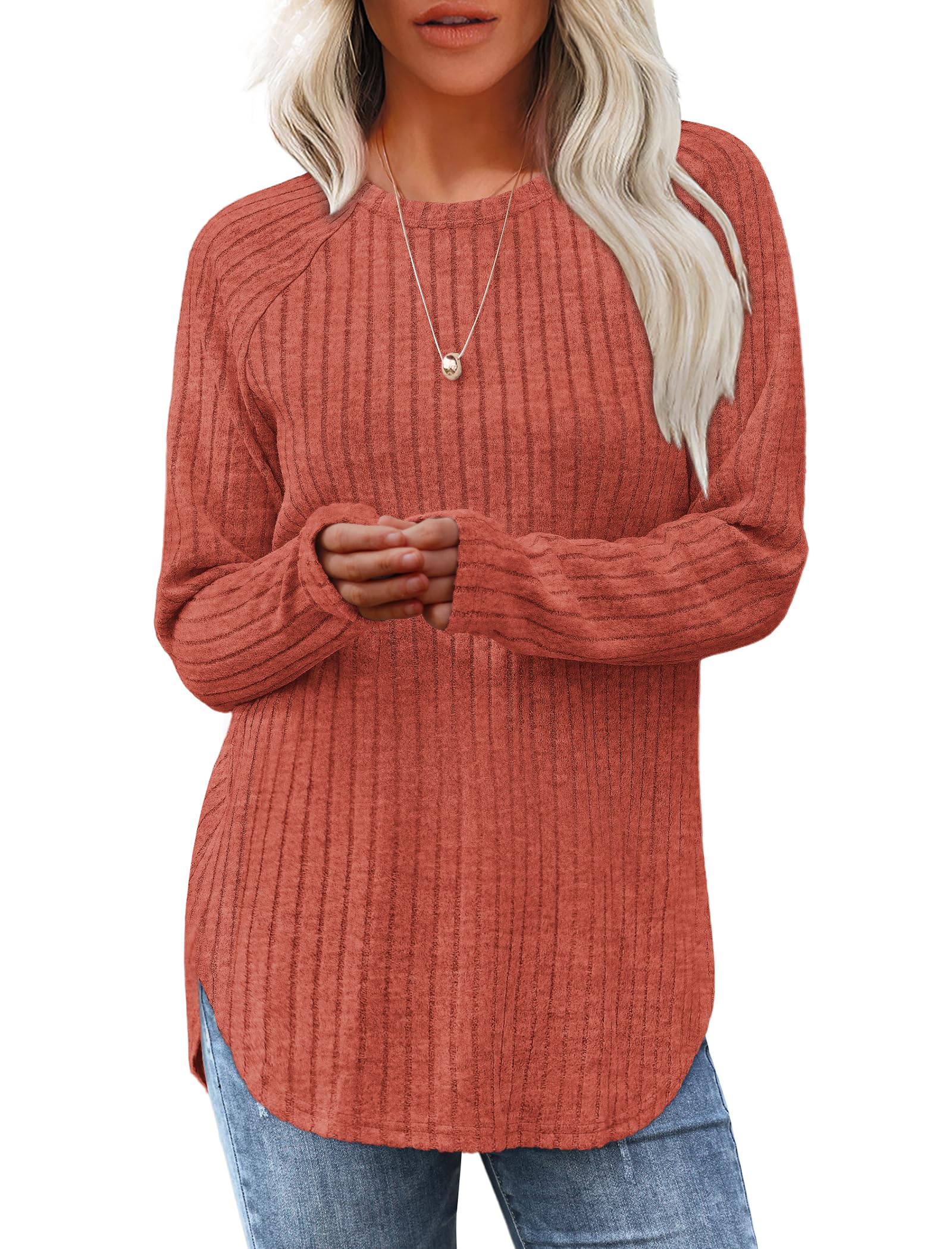 Saloogoe Long Sleeve Shirts for Women 2025 Fall Clothes Tunic Tops Loose Fit Dressy Crewneck Pullover Sweaters Curved Hem