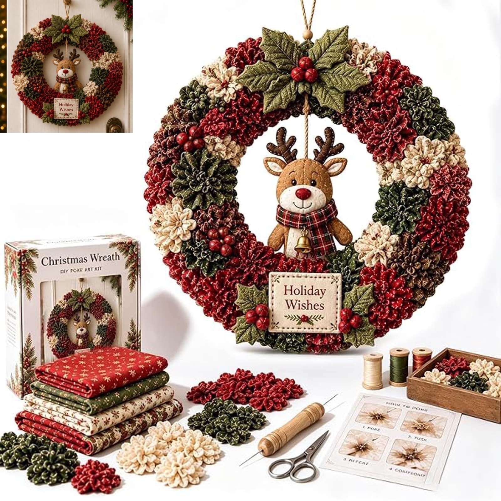 3D Fabric Poke Wreath DIY Kit,Christmas Wreath &Christmas Door Decorations