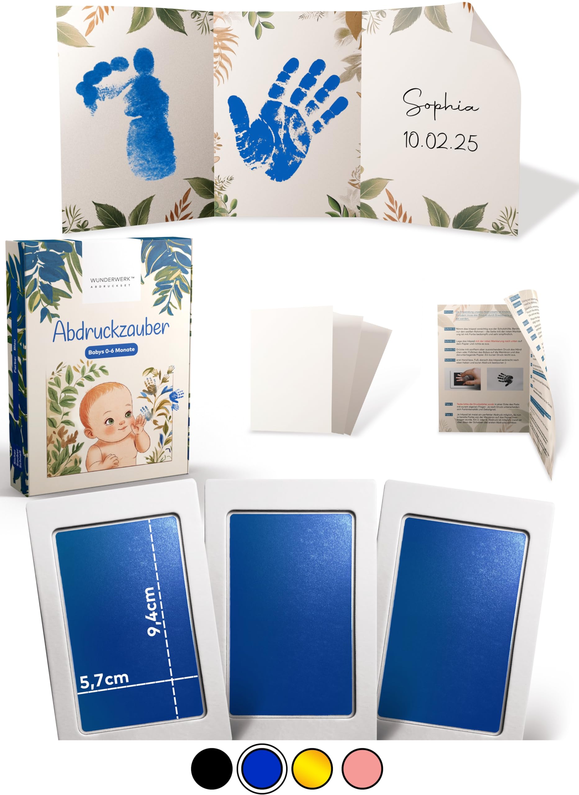 ABDRUCKZAUBER Original Baby Abdruckset 0-6 Monate I blaues Handabdruck Set & Fußabdruck Baby I Personalisiertes Geschenk Baby I Inkl. 3 Stempelpads, 3 Abdruckkarten & 1 liebevolle Faltkarte