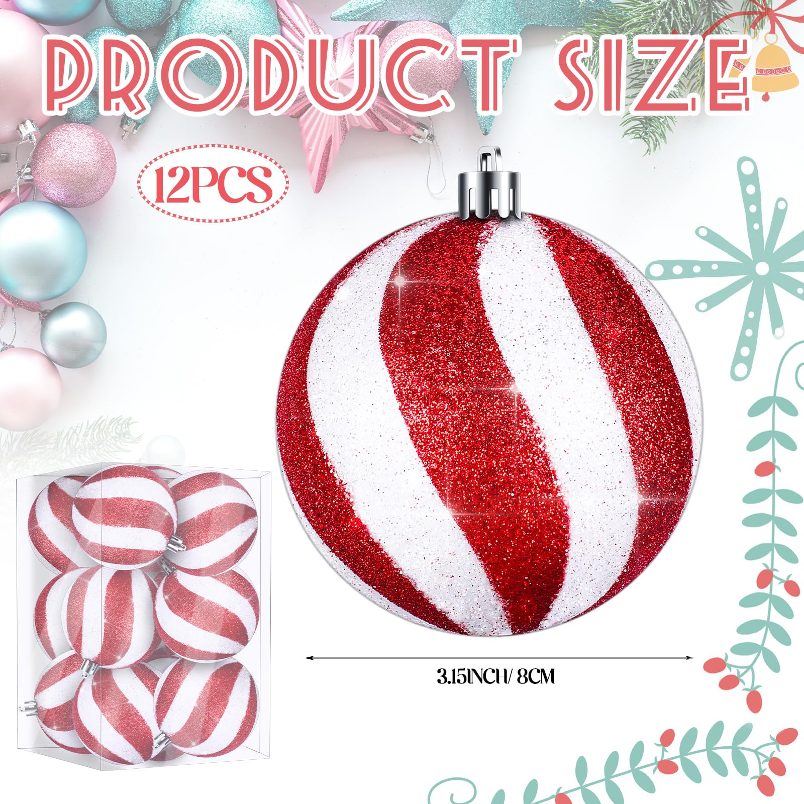 Liliful 12 bolas de Navidad de 3.15 pulgadas, adornos con brillantina, decoraciones de árbol de Navidad pintadas de plástico, adornos para decoración colgante de remolino de Navidad (blanco y rojo)