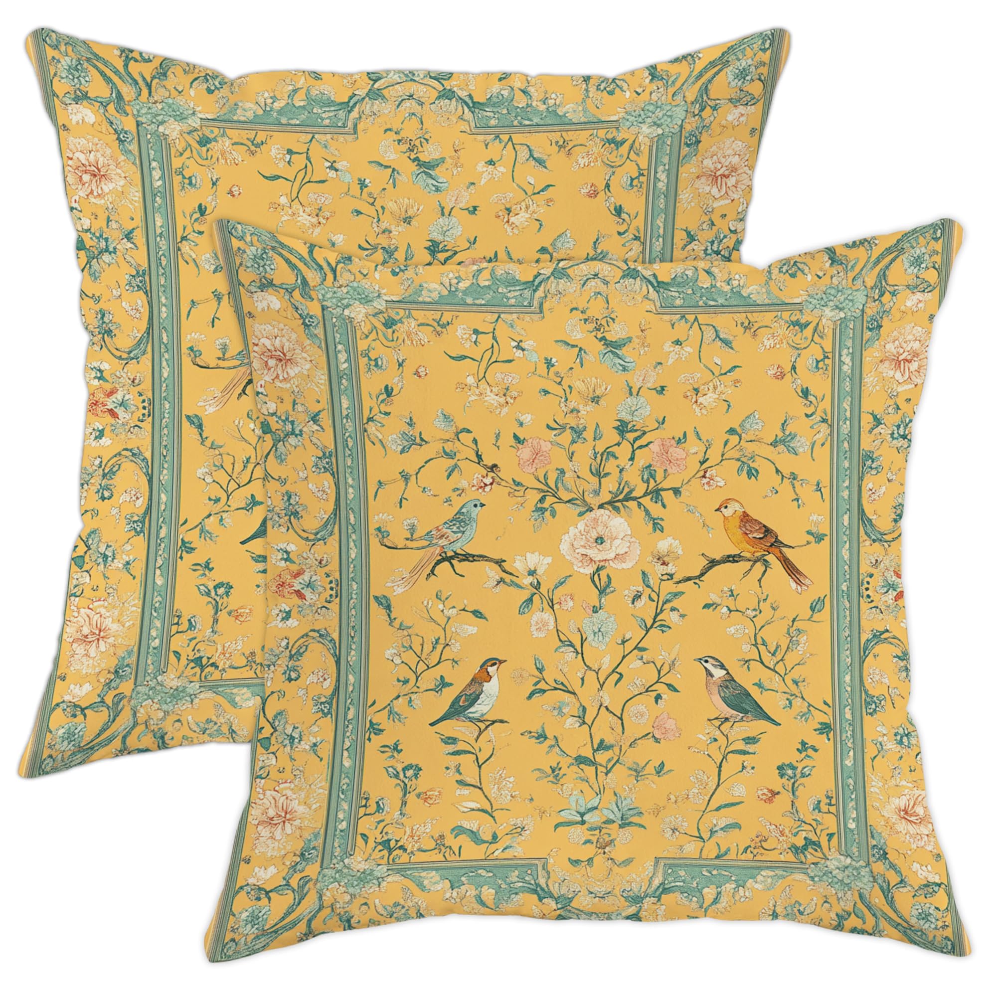 Birds and Flowers Throw Pillow Covers Set of 2, Yellow Floral Decorative Cushion Cases for Spring Home Decor, Vintage Outdoor Square Accents Pillows for Sofa Couch Bed 20x20 Inch