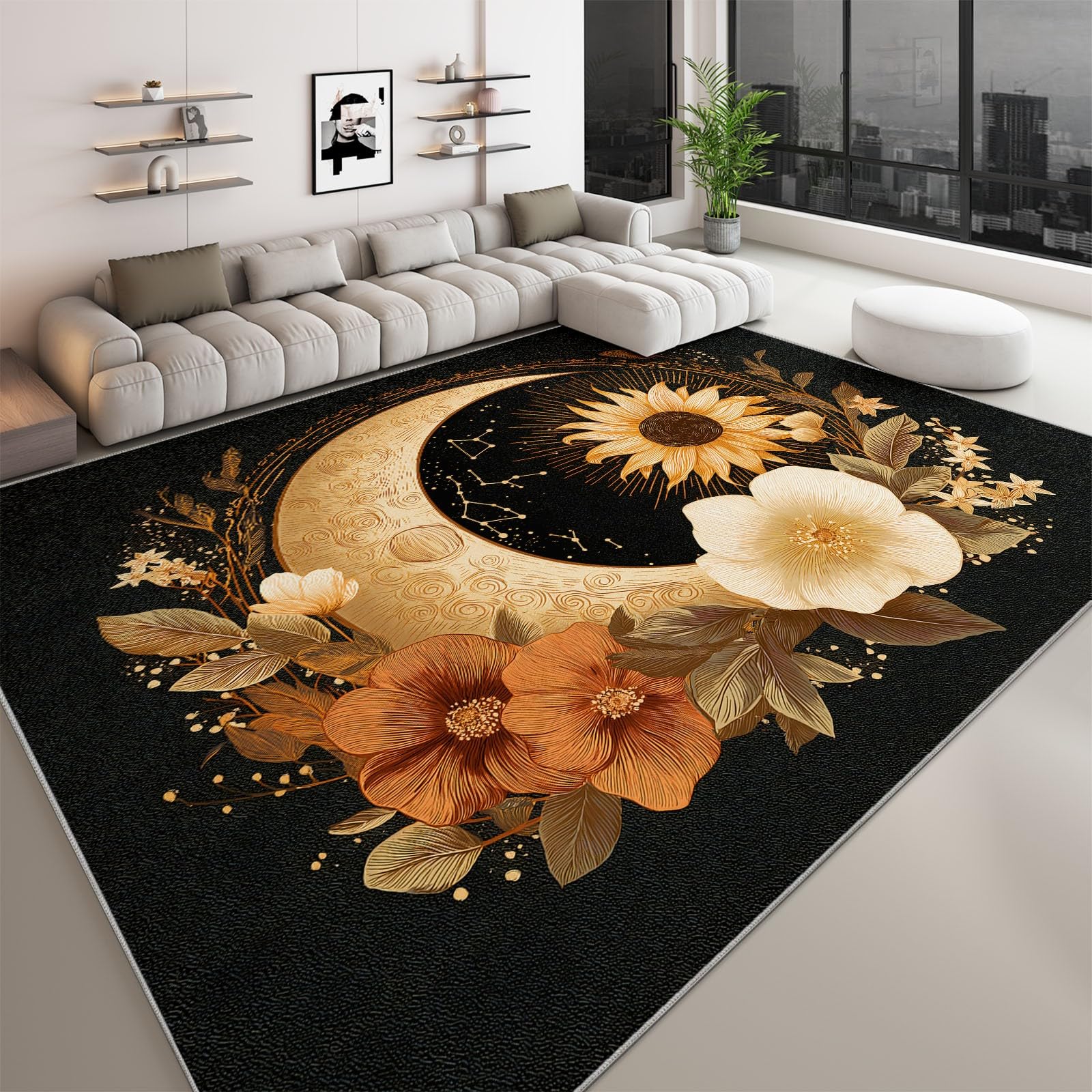 Tapis de salon lavable machine antidérapant à faible poil bohème