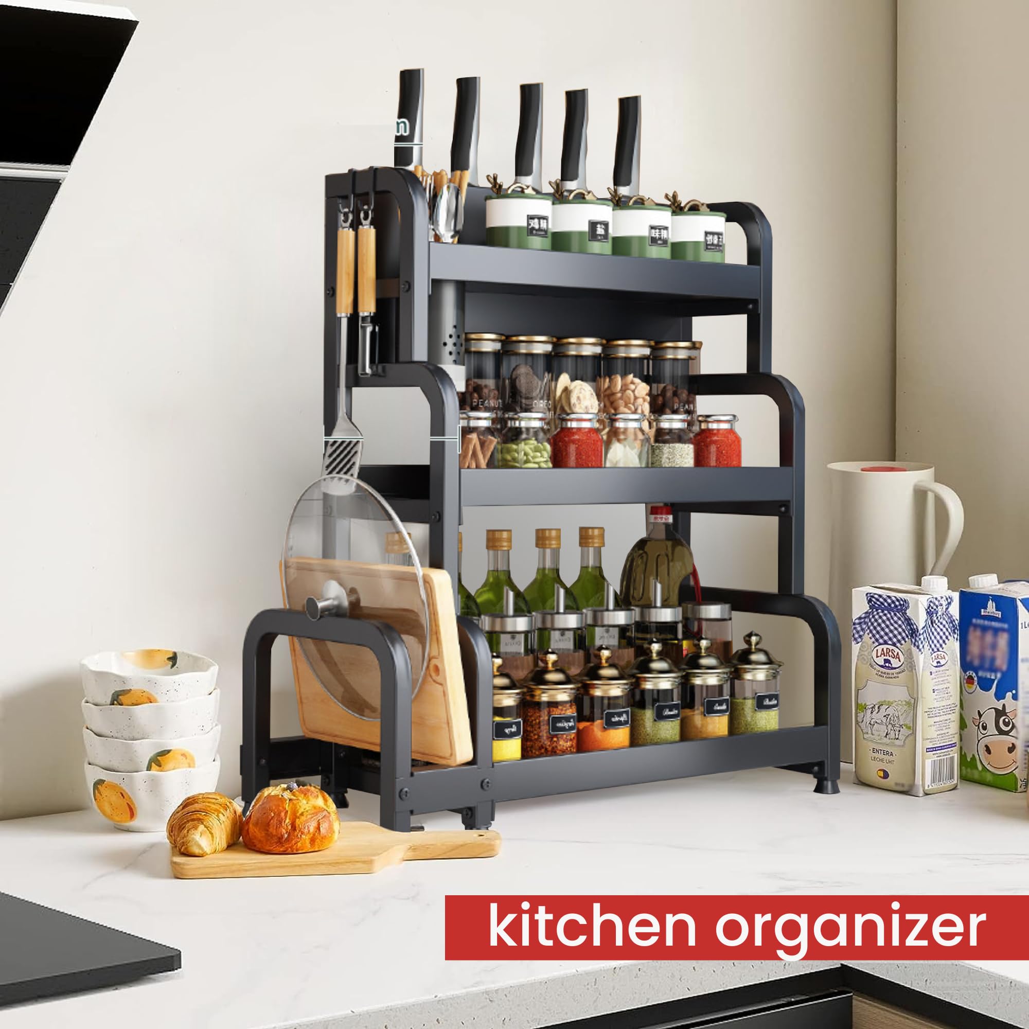 𝗥𝗲𝗴𝗮ł 𝗻𝗮 𝗣𝗿𝘇𝘆𝗽𝗿𝗮𝘄𝘆, 3-poziomowy Stojak na Przyprawy Kuchenne, Stojak na Przyprawy do Przechowywania Słoików, ziół i Zastawy Stołowej do Spiżarni, stal Węglowa.