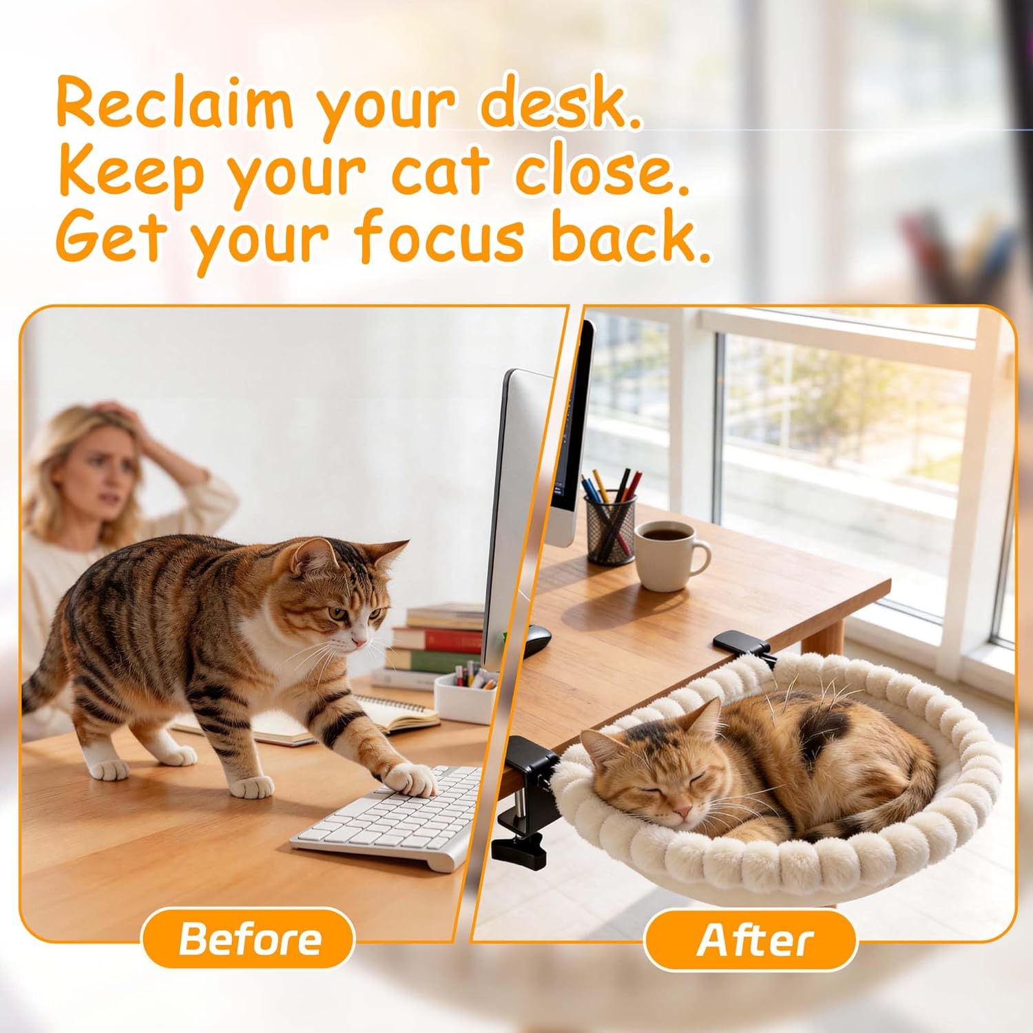 Cat Desk Bed with Double Heavy-Duty Clamps, 90° Foldable Space-Saving Perch, Supports 40 lbs, All-Season Reversible Cushion Cat Hammock for Office & Gaming Desk Setup -Beige