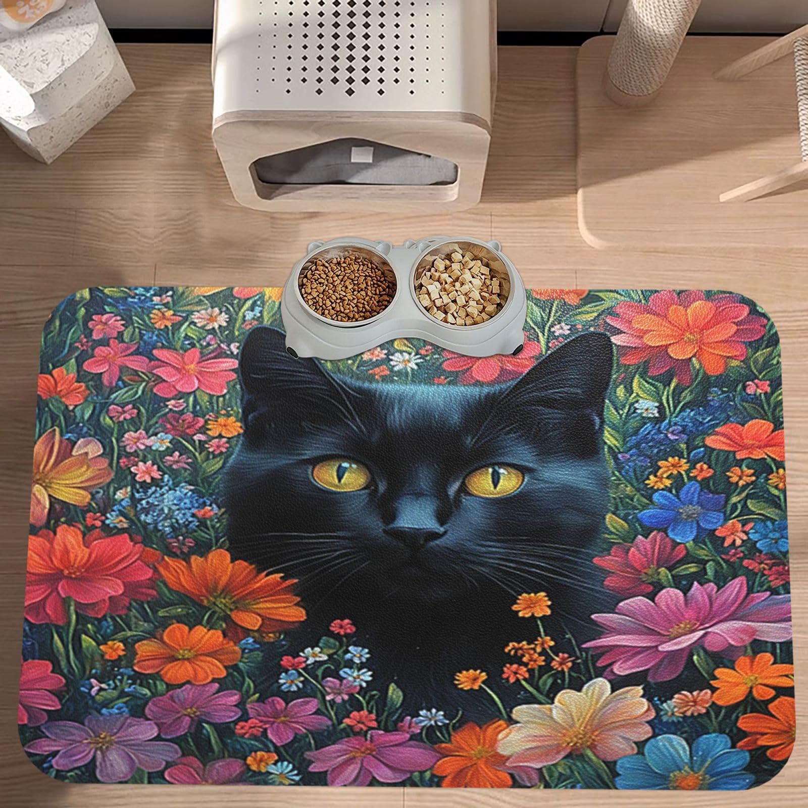 Colorful Flowers Black Cat Pet Feeding Mat Absorbent Dog Food Mat for Floor Cat Dog Bowl Mats Rug Pet Placemats for Food Water Pets Supplies 12x18