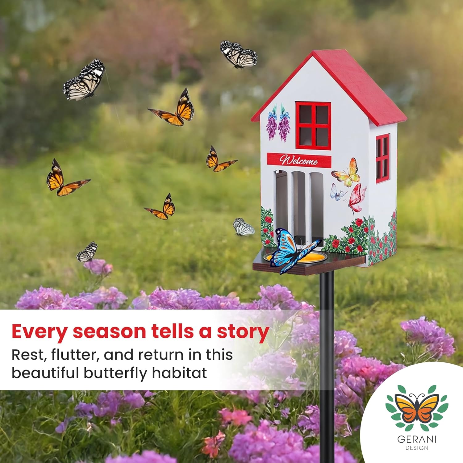 Butterfly House and Feeder for Outside - Wooden Butterfly Shelter with Metal Stake for Garden - 3 Mount Options - Weatherproof - Easy Cleaning – Butterfly Habitat & Garden Decor