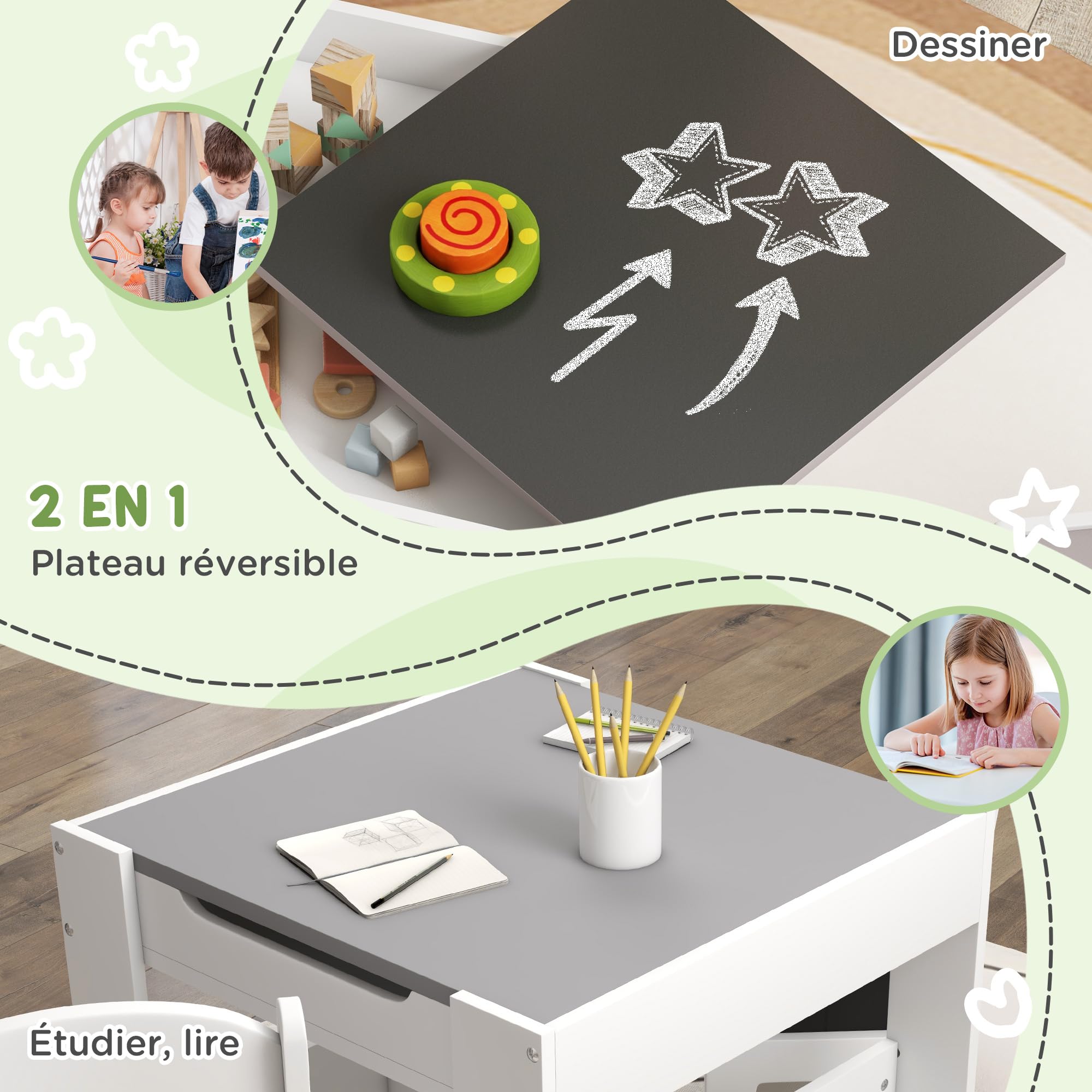 HOMCOM Ensemble 3 pièces Table et 2 chaises pour Enfant avec Plateau Table réversible Tableau Noir, Panier de Rangement, étagères Gris