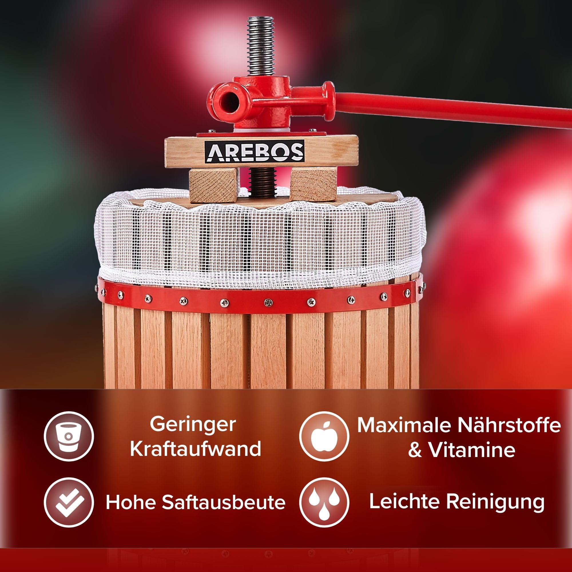 Arebos Obstpresse 30L | Manuelle Saftpresse I Beerenpresse inkl. Presstuch, Druckplatte und Metallspindel I Für jegliche Arten von Saft & Gemüse