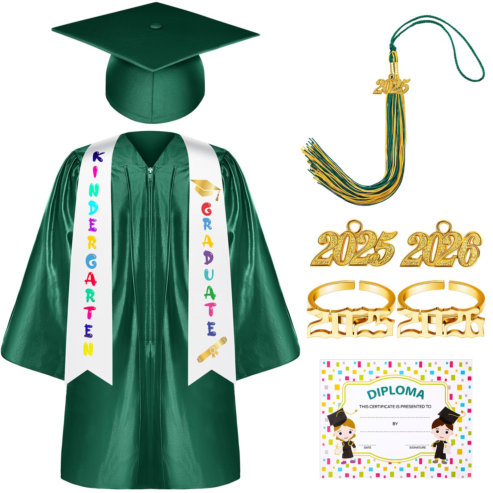 Sasylvia 2026 Kindergarten Preschool Graduation Gown Cap Set with 2026 Tassel Graduation Stole Rings Certificate for Kids