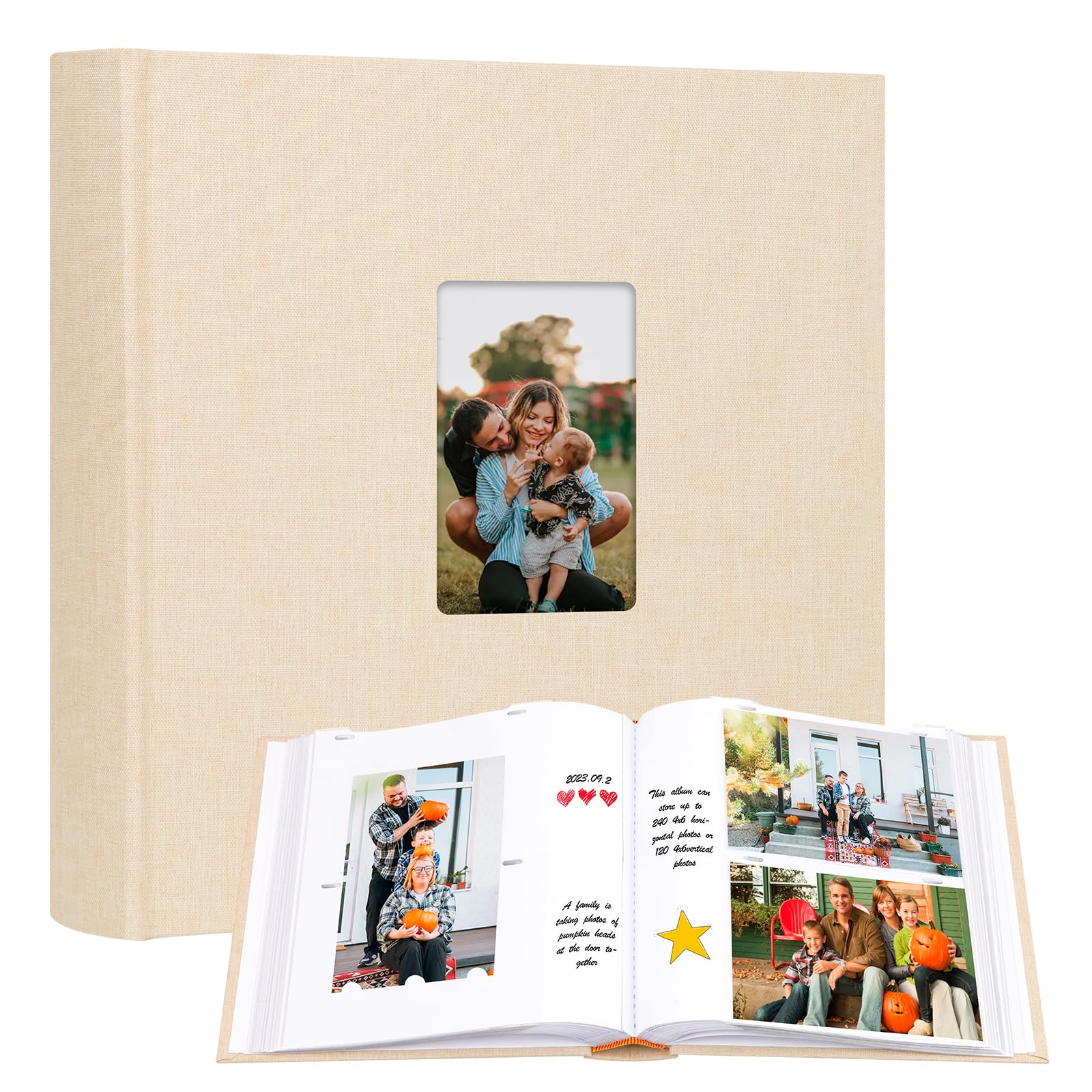 Photo Album 4x6 240 Photos with Writing Space, 4x6 Photo Album Linen Cover with Front Window, 240 Photos Horizontal and Vertical 4x6 Photo Album Book for Wedding Kids Travel Family Baby Pictures,khaki