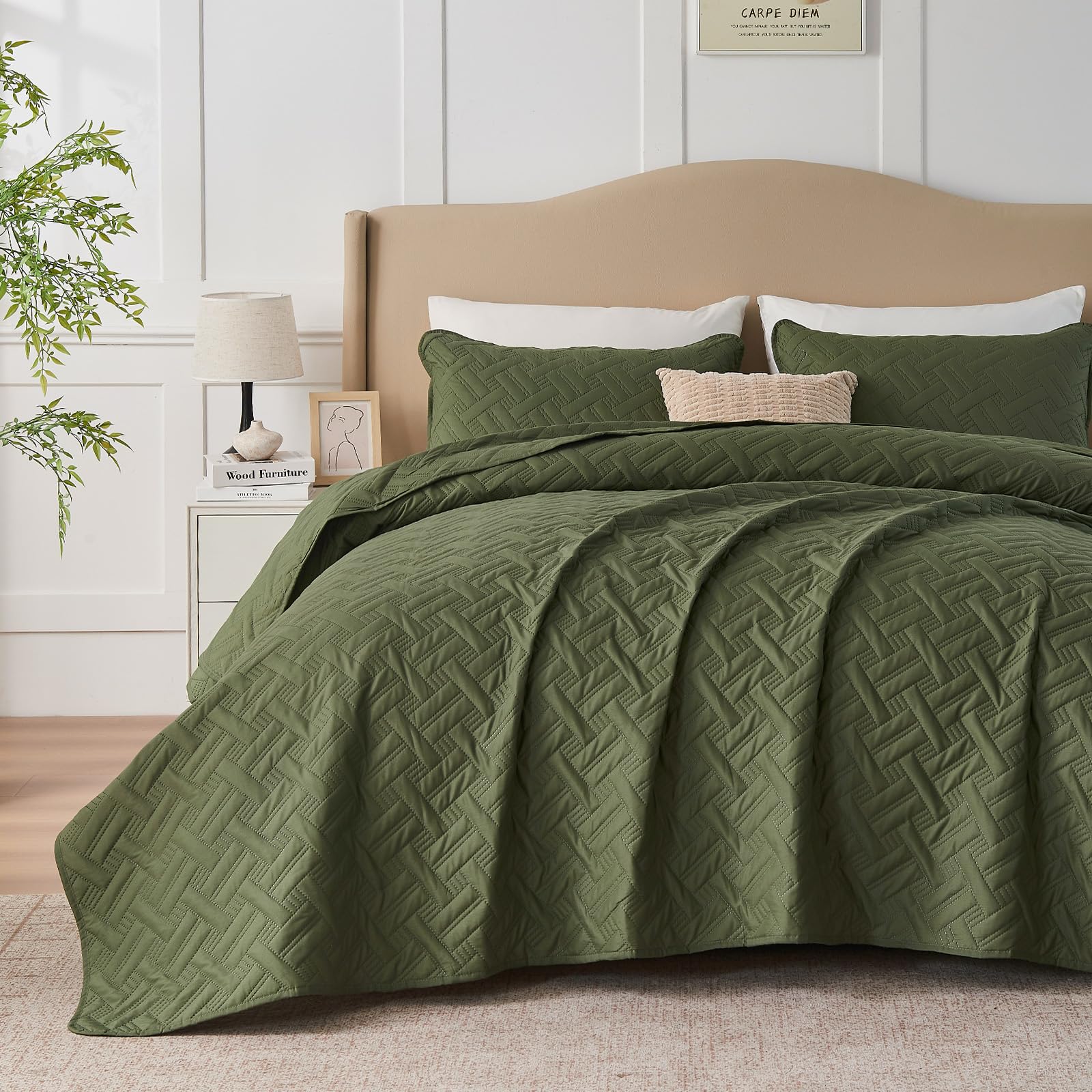 beeweed Quilt Set Double Size 3 Pieces, Lightweight Microfiber Basket Pattern Bedspreads for All Season, Olive Green Soft Summer Coverlet Set with 2 Pillow Shams (Double 220x240 CM)