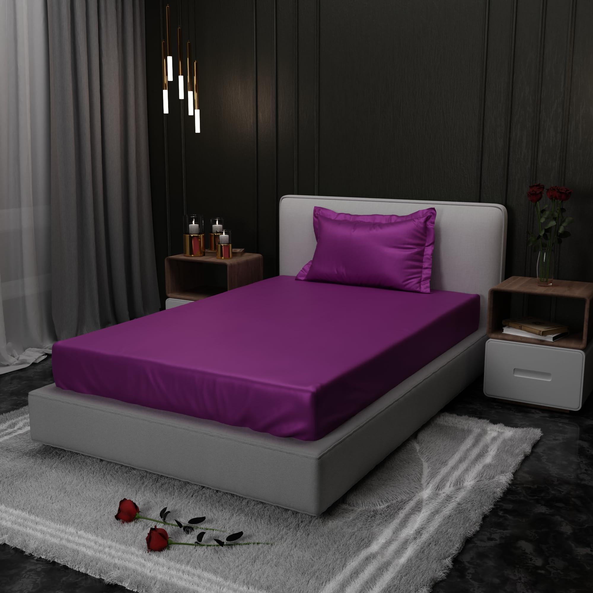 Stoa Paris 300TC UltraSatin Single Bedsheet Set, 10” Drop Fitted Bedsheet with 1 Pillow Cover, Hypoallergenic, Wrinkle Free, Aesthetic Bedding, Home Decor, Gift, Date Night - Plum