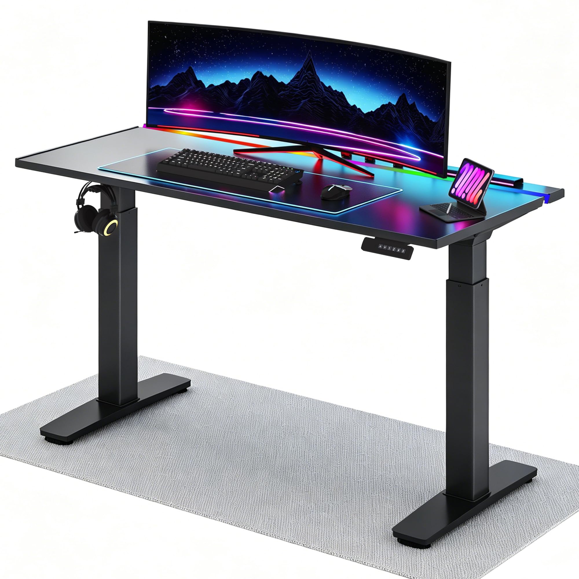 FLEXISPOT Scrivania Gaming Regolabile in Altezza 120x70 cm, Doppio Motore, Illuminazione LED, Gestione Cavi, Portata 120 kg, Piano a 5 Strati, Nero