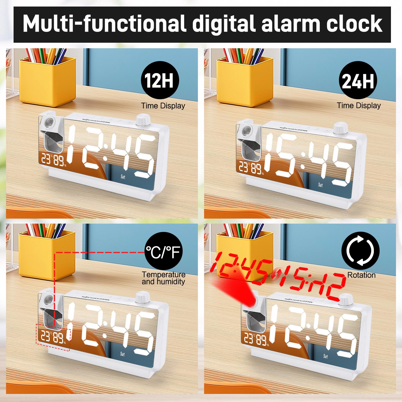 Reloj Despertador Digital con Proyector, Reloj Proyector Techo con LED de 7,4", 180°, Doble USB, Temperatura y Humedad, 3 Brillo, 12/24H, Snooze, para Dormitorio Infantil Niños(Blanco)