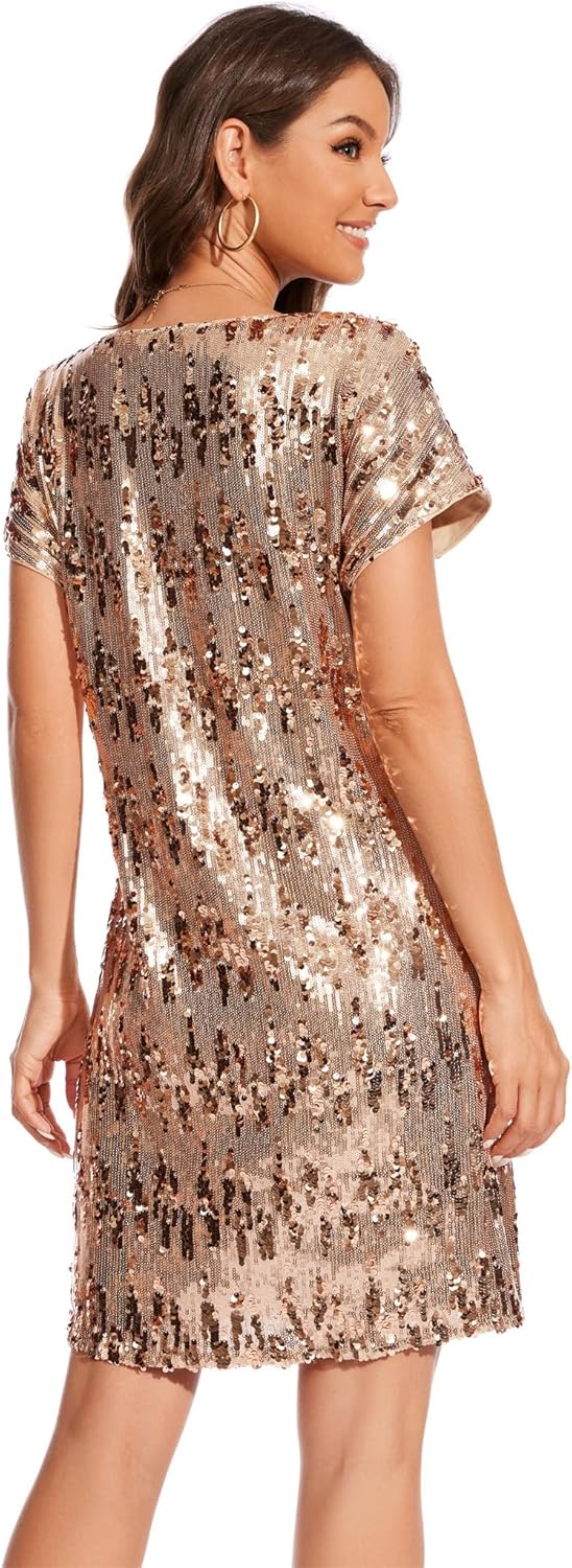 Women's Crewneck Sequin Shift Dress Short Sleeve Casual Holiday Sparkly Party Dress - Image 2