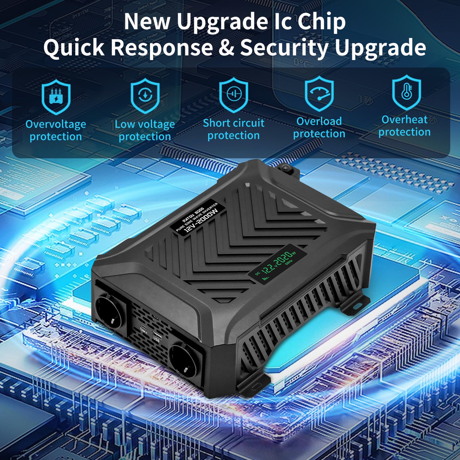 DATOUBOSS 2000W/4000W Spannungswandler 12v auf 230v Reiner Sinus Wechselrichter Power Inverter mit 2 EU Steckdosen, USB/Type-C und LCD Anzeige, Umwandler für LKW Camping Haushaltsgeräten