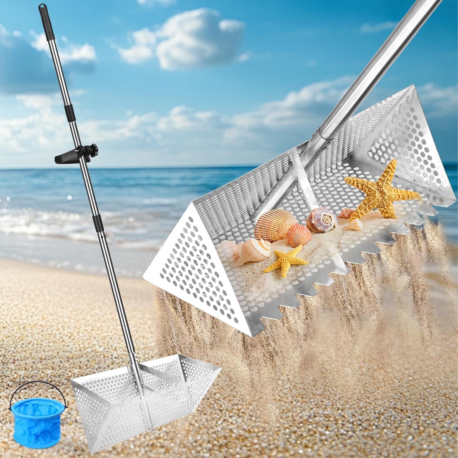 Râteau de Puce de Sable en acier inoxydable - Tamis de Sable de Plage avec Grand Panier à Dents de requin de 20×40 cm, Tamis Détachable Râteau de à Poignée Longue Détachable pour Plage