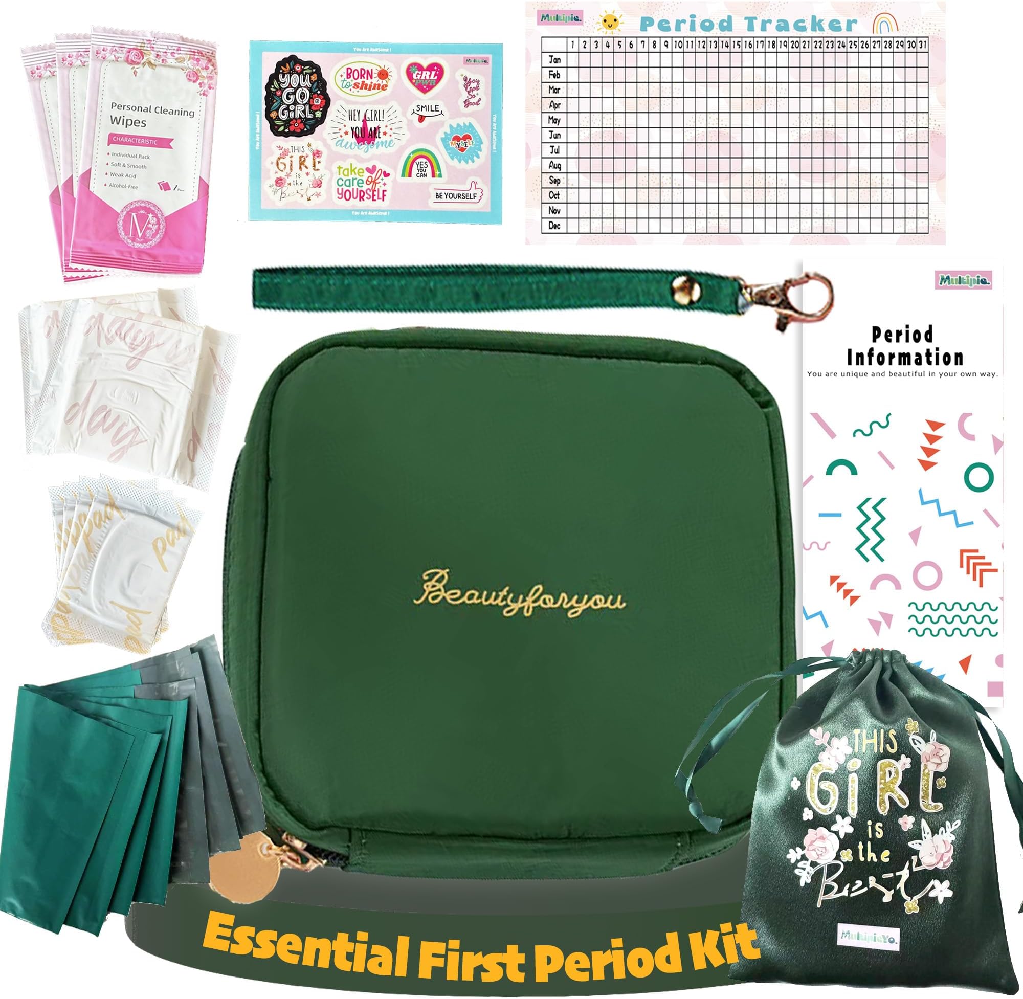 Essential Period Kit for Girls | First Period kit for Girls 10-12 | Period Bags for Teen Girls for School | First Period Gift with Sanitary Pad Storage Bag, Wipes, Period Tracker and More(Green)