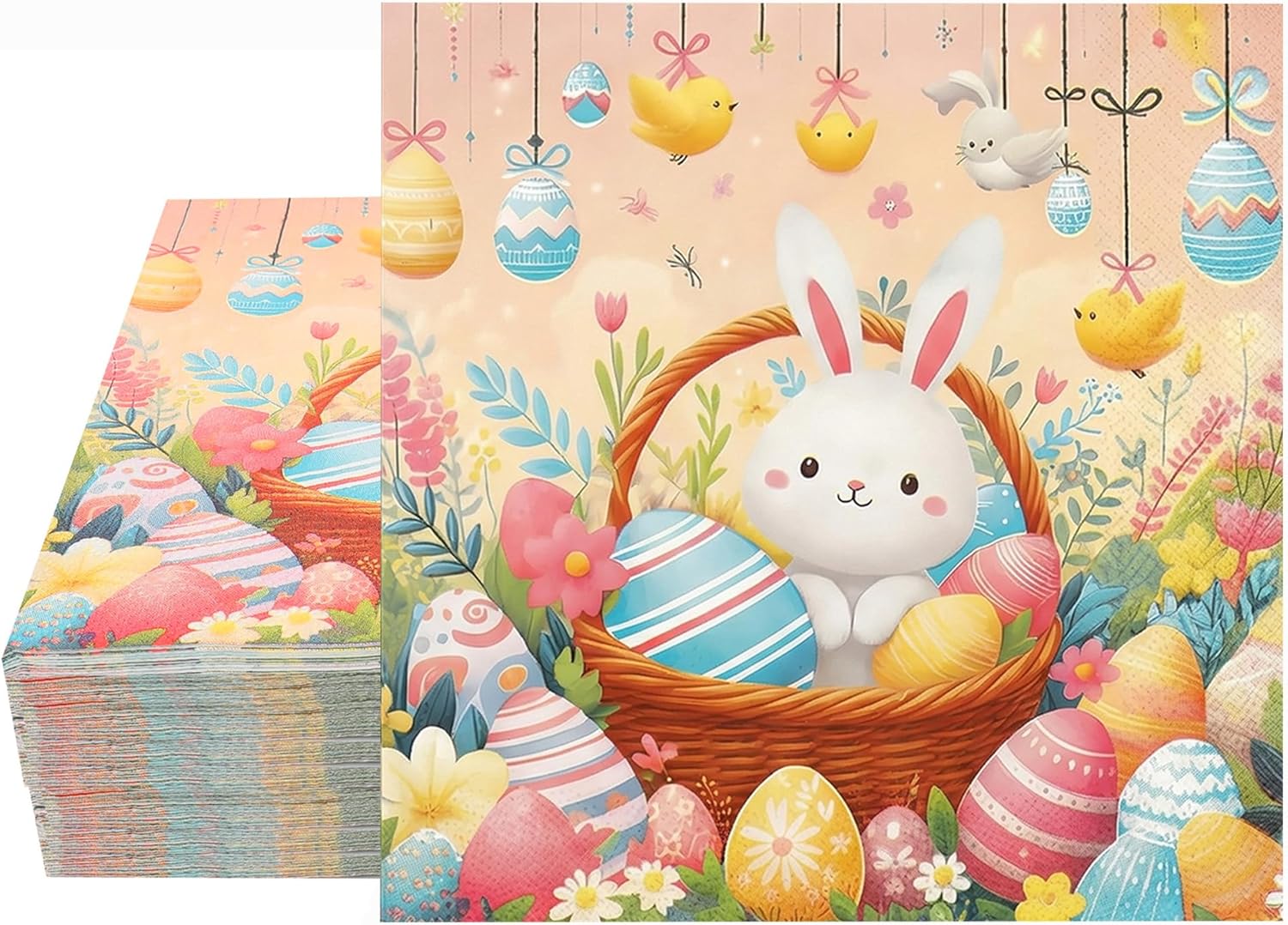 ibohr 50Pcs Easter Paper Napkins, Cute Bunny & Eggs Disposable Decorative Cocktail Napkins for Elegant Easter Party Supplies, Spring Table Decorations