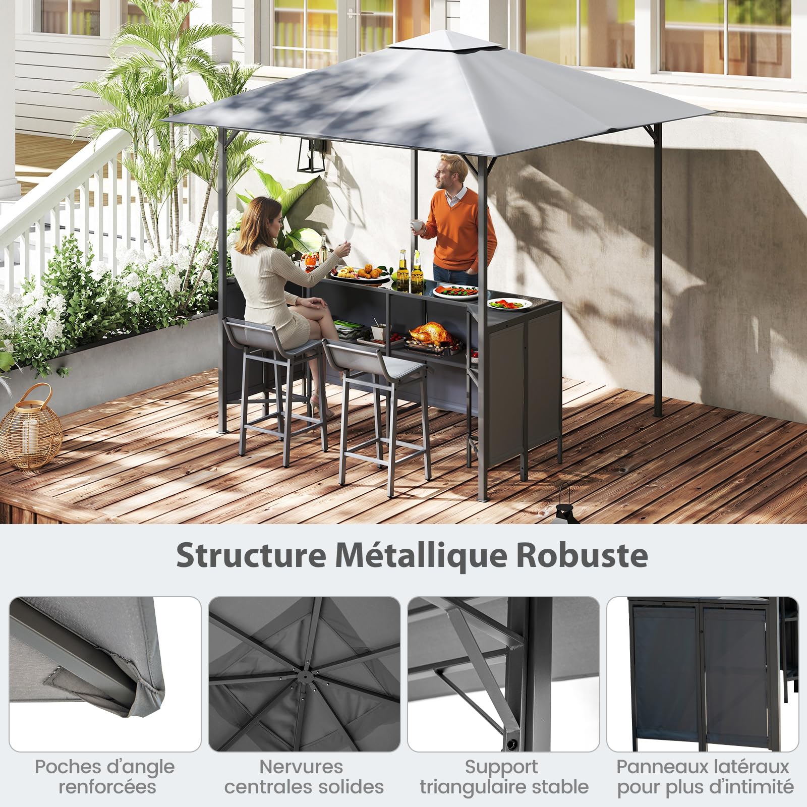 RELAX4LIFE Tonnelle avec Comptoir et 2 Tabourets | Bar Exterieur Jardin