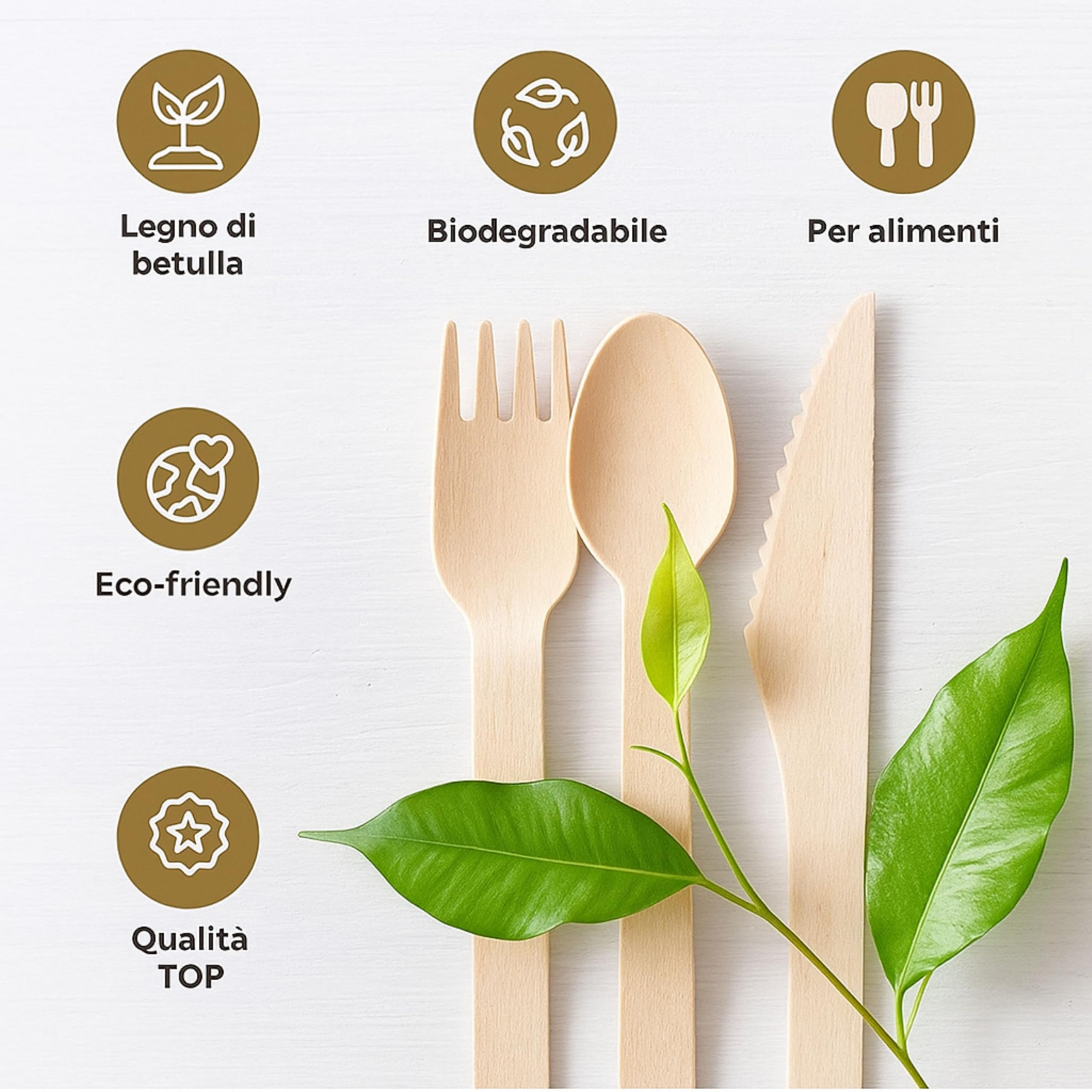 100 Set Posate Monouso Imbustate Singolarmente - Forchette, Coltelli e Cucchiai in Legno di Betulla - Biodegradabili e Compostabili - Per Feste, Eventi, Catering, Ristorazione, Uso Domestico