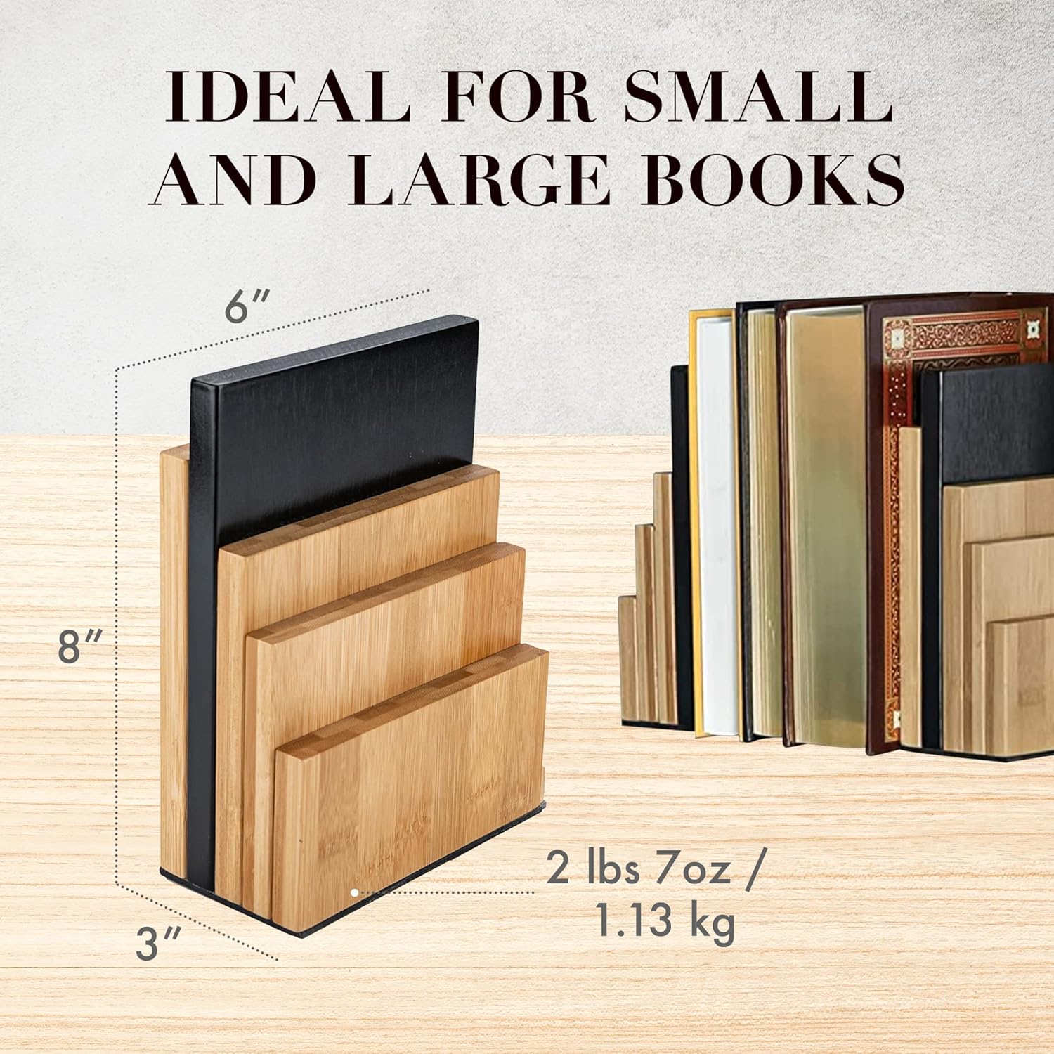 JUSK DESIGN Bamboo Book End/Book Organizer - Non-Skid Decorative Bookends for Office and Home - Book Holders for Shelves - Substantial Weight - Holds Heavy Books