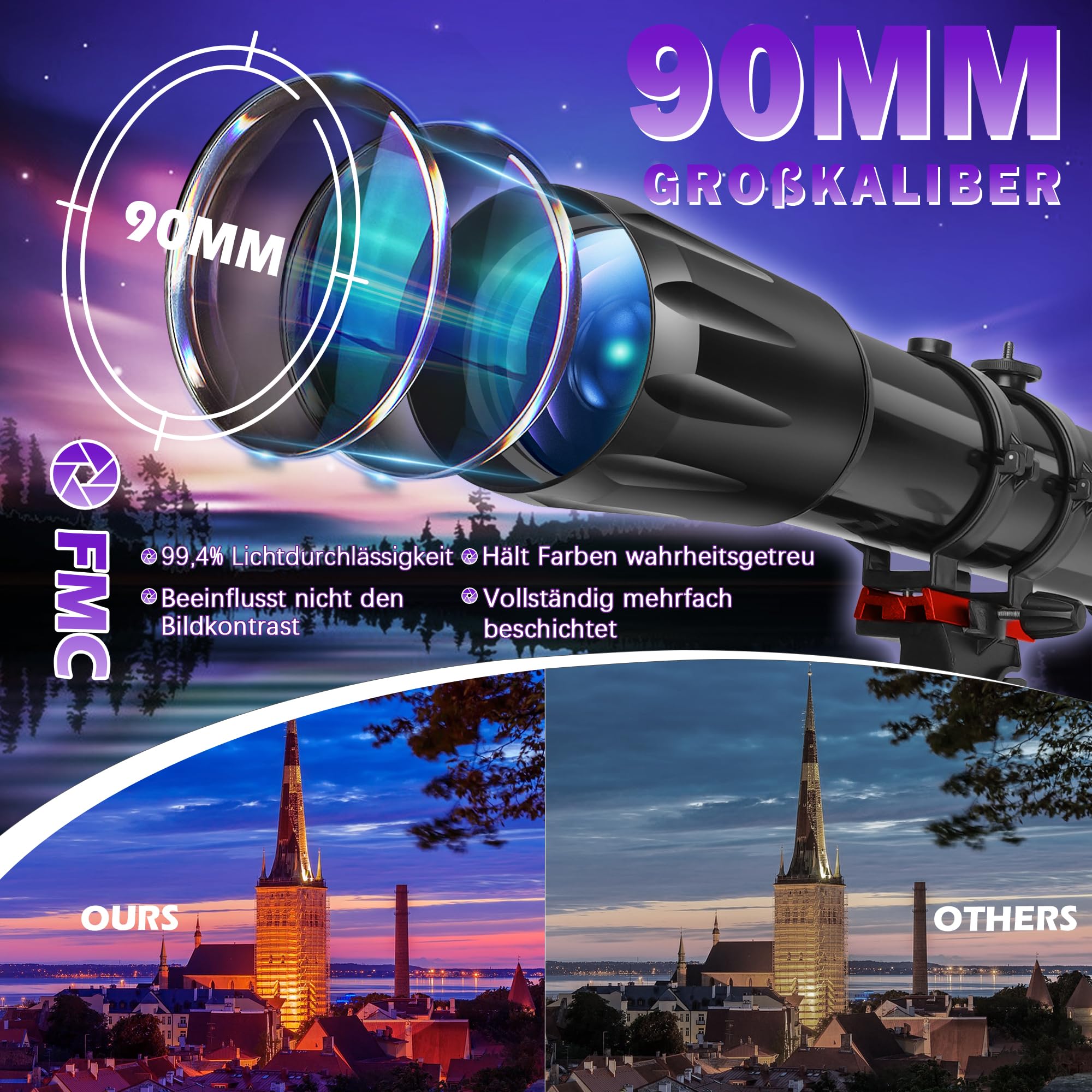 HETEKAN Teleskop 90mm Öffnung 900mm Brennweite, Refraktor-Teleskop für Erwachsene und Anfänger, 36X-450X Astronomie-Teleskop zur Mond- und Planetenbeobachtung mit Edelstahlstativ und Handyadapter