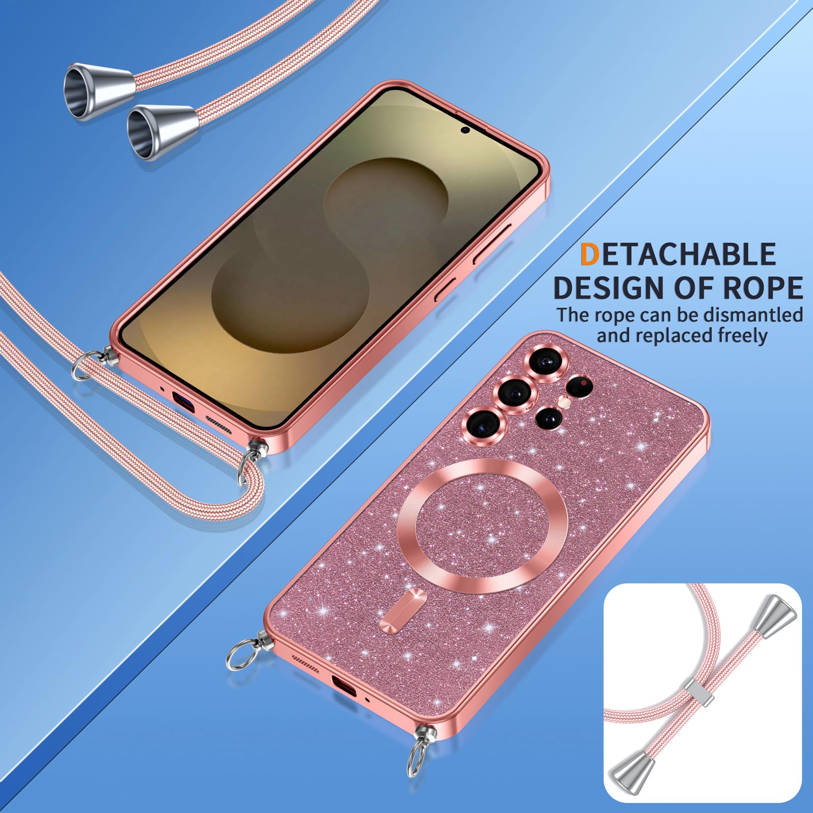 Phoona Etui na telefon komórkowy z łańcuszkiem do Samsunga Galaxy S25 Ultra 5G, etui z łańcuszkiem, kompatybilne z MagSafe, całkowita ochrona przed zarysowaniami i uderzeniami, etui z regulowanym
