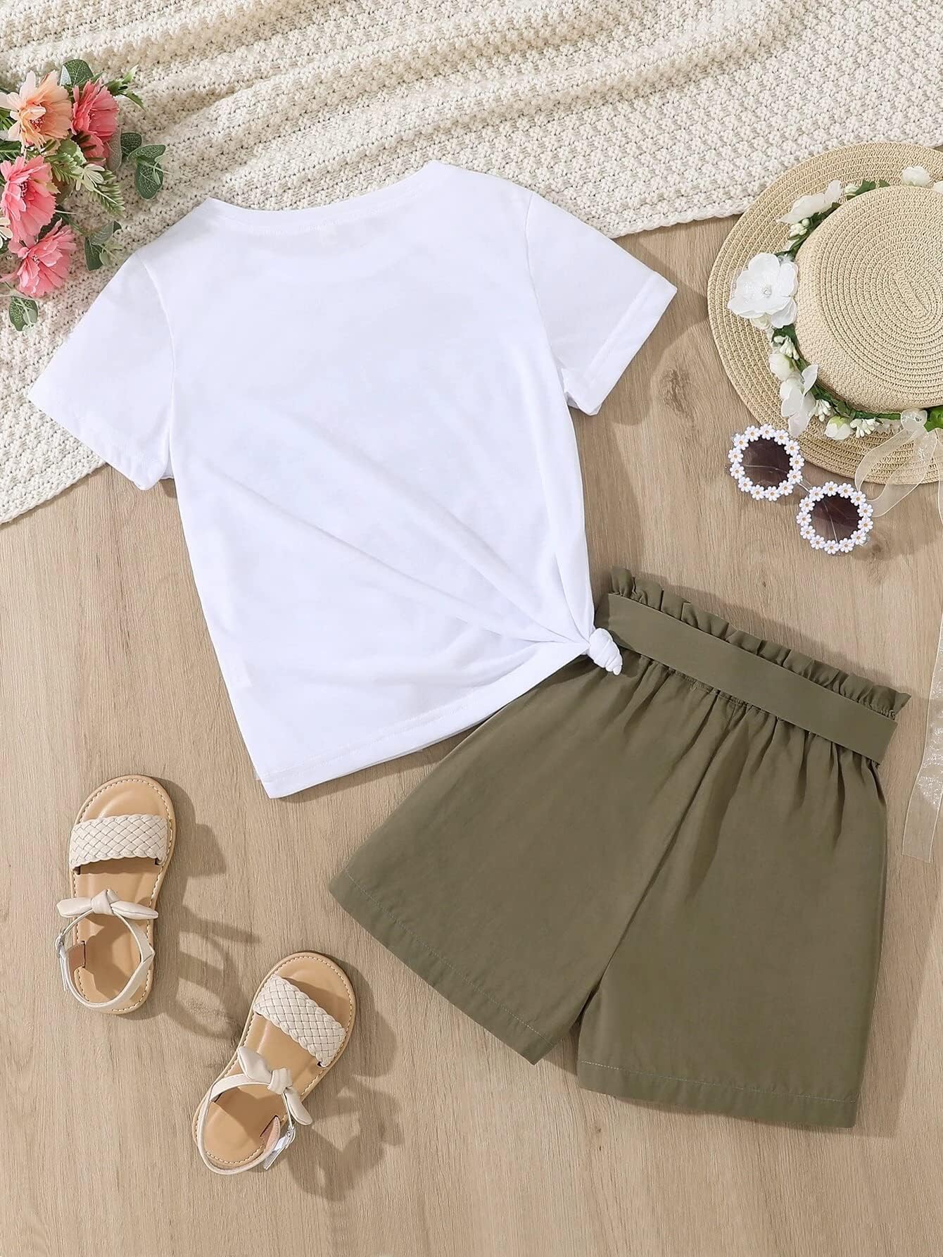 KIDLAGA Conjunto de ropa de verano para niñas pequeñas, con estampado floral, volantes, sin mangas, con cinturón, pantalones cortos