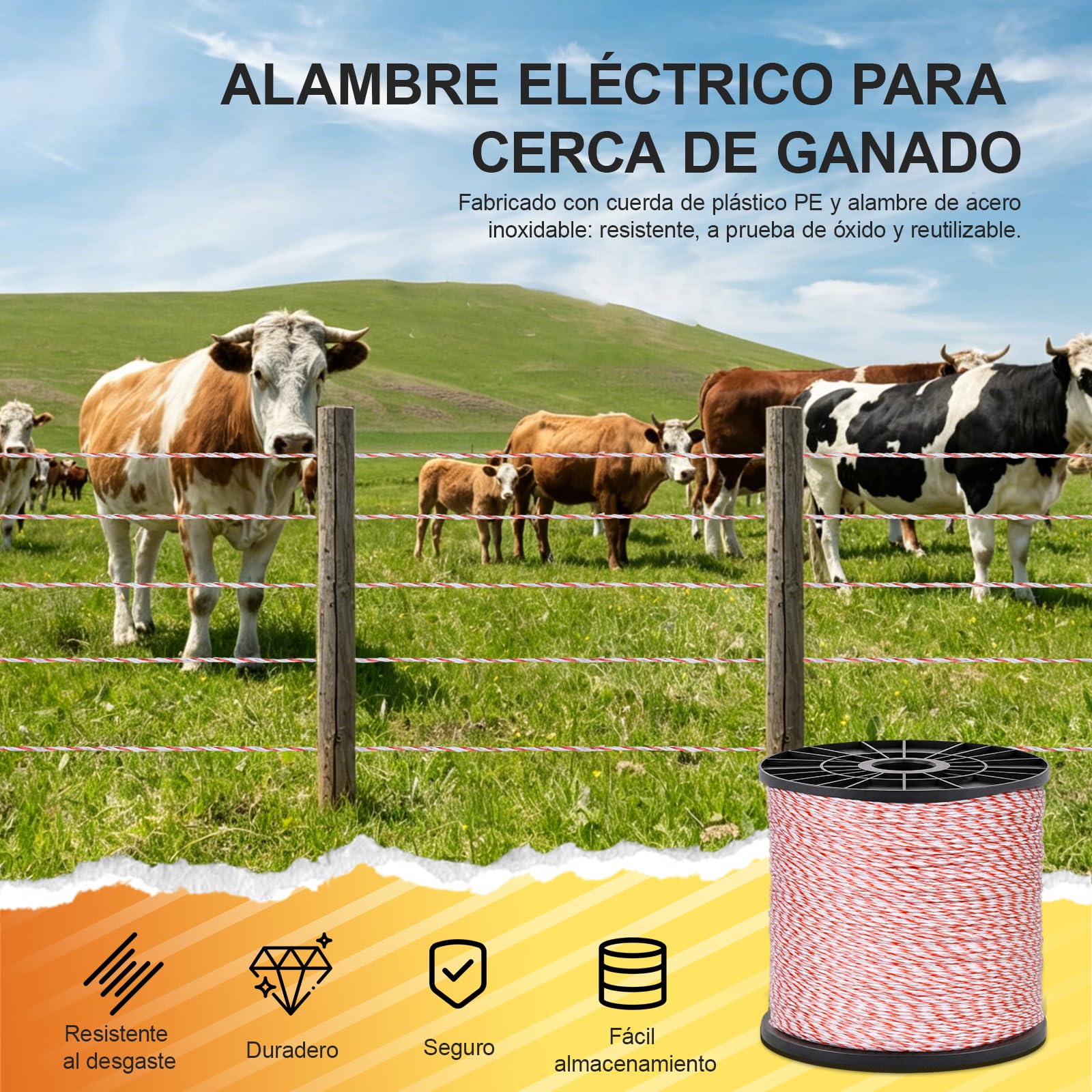 1000m Hilo para Pastor Eléctrico, Cercas Eléctricas Cinta 6 Conductores | Alta Conductividad y Resistencia UV, Cable Valla Eléctrica para Caballos, Vacas, Perros, Jardín Pastos Granja