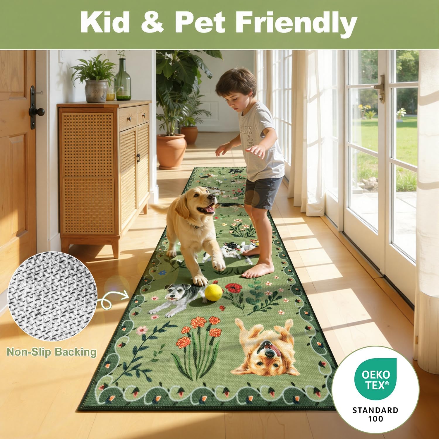 LOKHOM Hallway Runner Rug 2x10 Washable Animal Dog Print Linen Kitchen Rug with Rubber Backing, Non Slip Low Pile Soft Boho Floral Carpet for Entrance Laundry Bedroom, Green