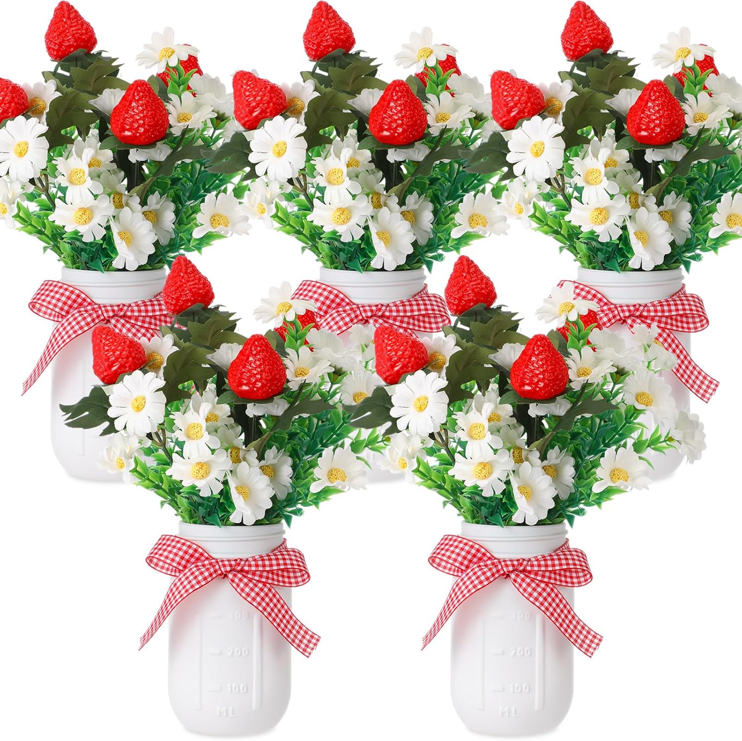 Mimorou 5 Set Strawberry Mason Jar Table Centerpiece DIY Artificial Strawberry Daisy Plants with Faux Leaves Home Centerpieces for Baby Shower Decor Home Summer Farmhouse Wedding Kitchen