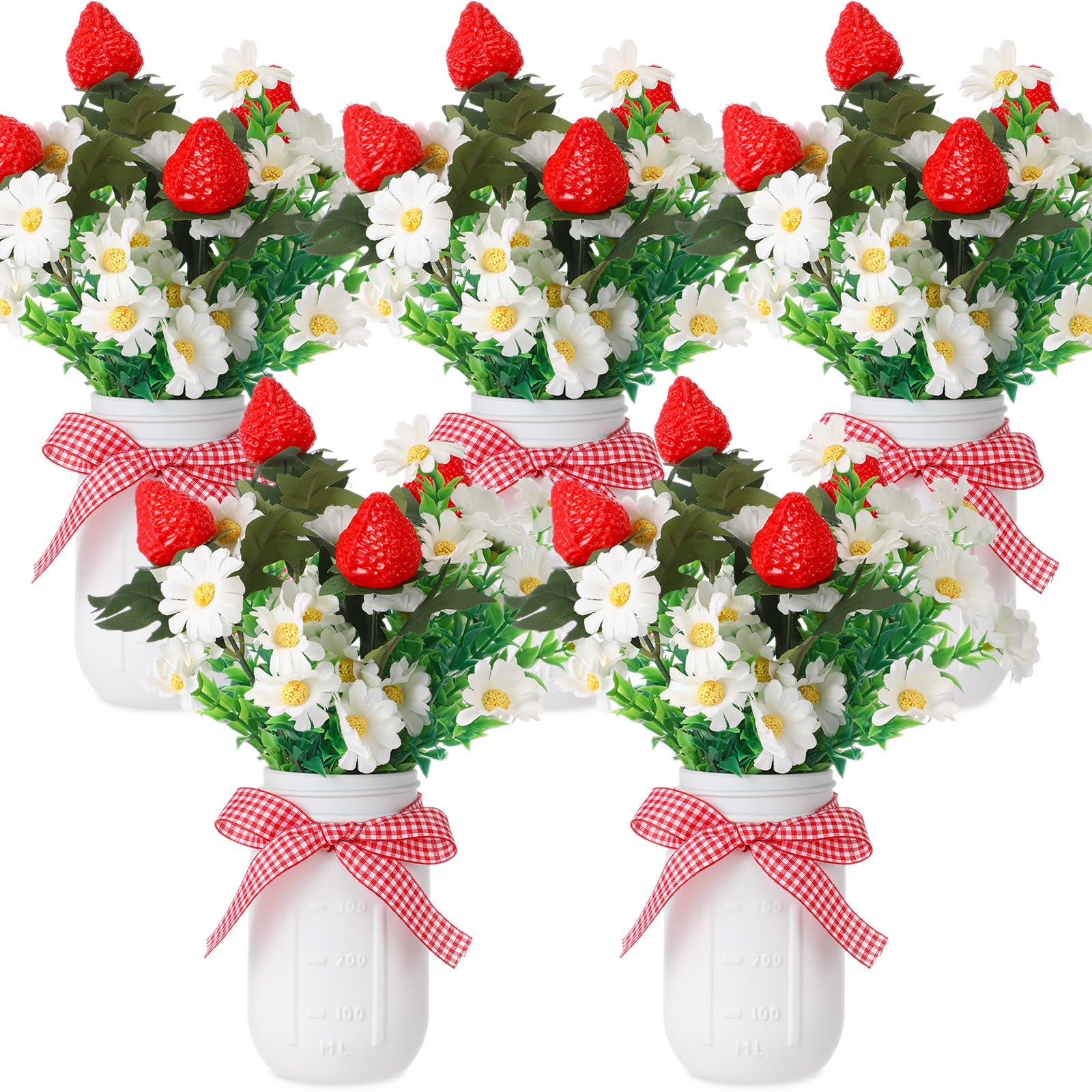 Fraises en pot Mason contre la deco de table terne fausses feuilles pour cuisine et fetes