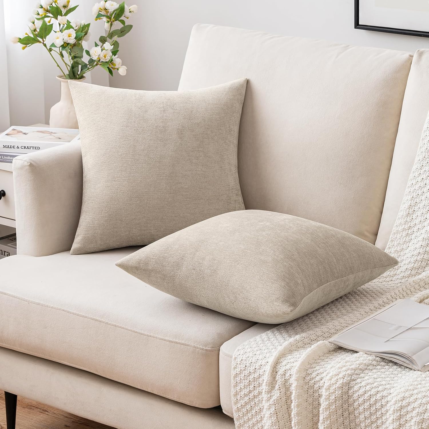 MIULEE Pack of 2 Beige Decorative Pillow Covers 18x18 Inch Soft Chenille Couch Throw Pillows Farmhouse Cushion Covers for Home Decor Sofa Bedroom Living Room - Image 4