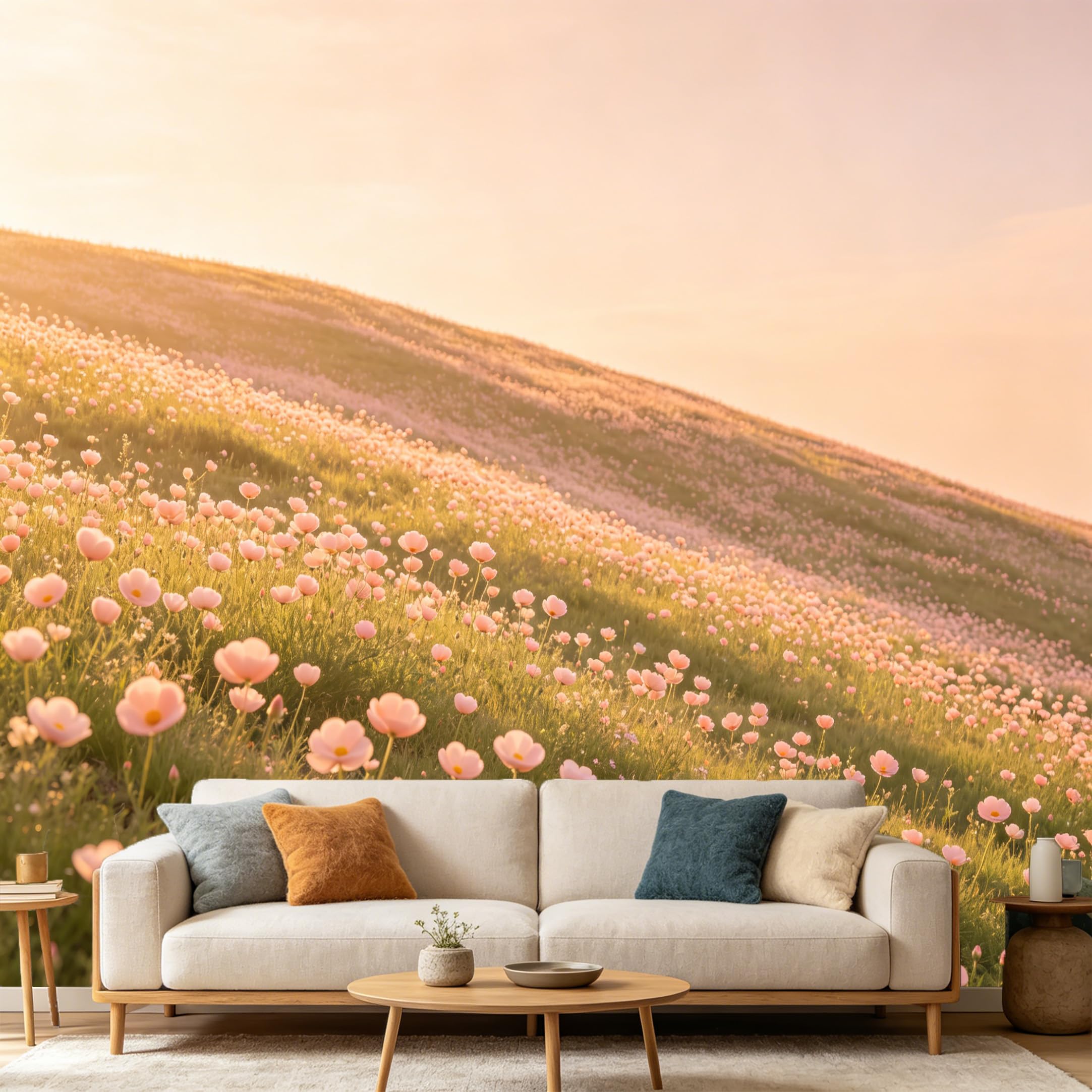 Custom Size Wall Mural Sunset Meadow Wildflower Landscape Botanical Aesthetic Warm Golden Hour SelfAdhesive Art Prints wall Fabric（No PVC） Removable Wallpaper Home Bedroom Decor