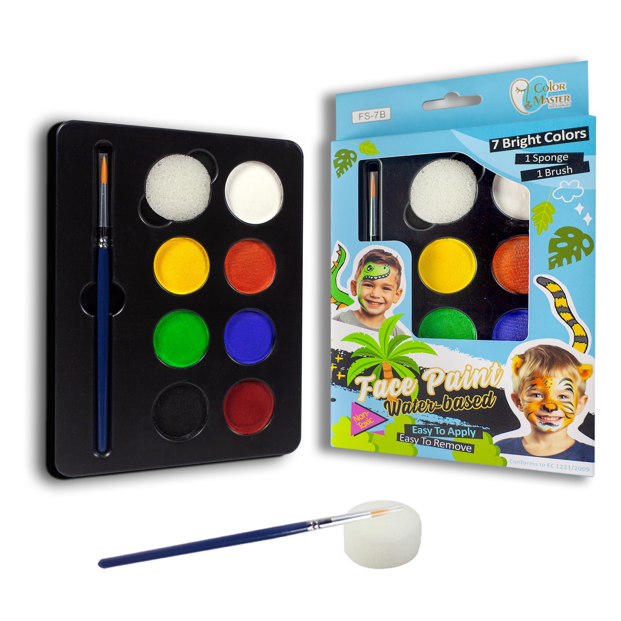 ColorMaster Face Painting kit for kids, Non-Toxic Water-Based Paints, 7 Bright Colors, with Brush - Professional Face and Body paint Makeup Kit for Sensitive Skin (Jungle Jam Kit)