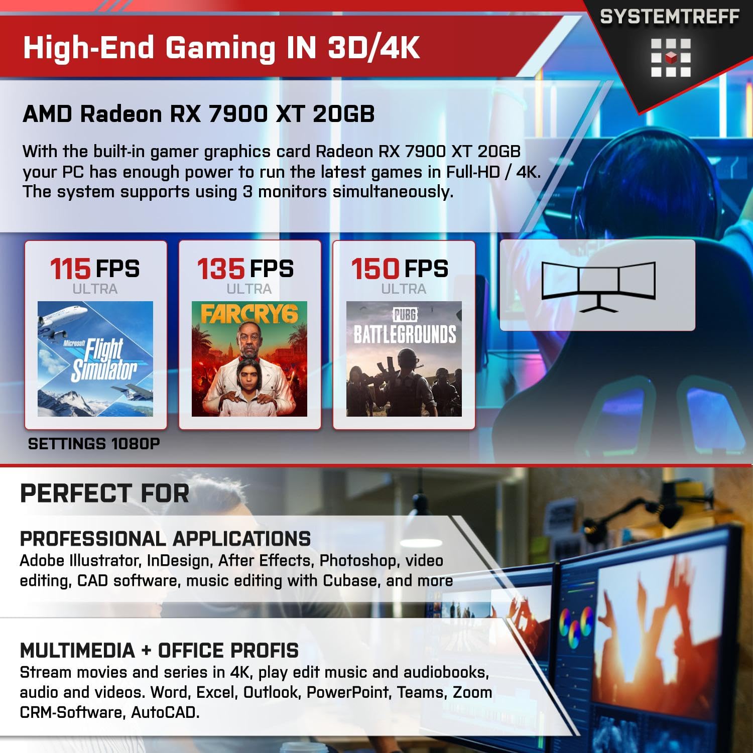 SYSTEMTREFF High-End Gaming PC AMD Ryzen 7 7800X3D 8x5GHz | AMD