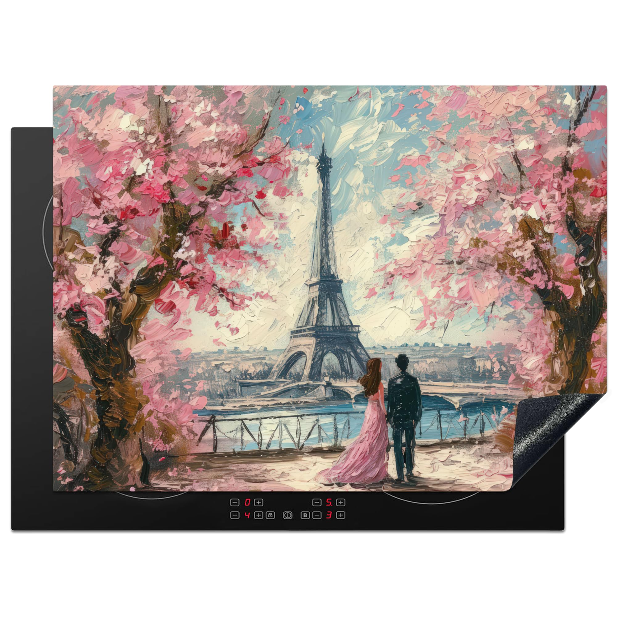 KitchenYeah© Induction Hob Protector Mat 20.5"x27.6" / 70x52 cm Cooker Top Protectors Cover Ceramic Covers Electric Hobs Vinyl Eiffel Tower - Couple - Pink - Romantic - Trees - Paris