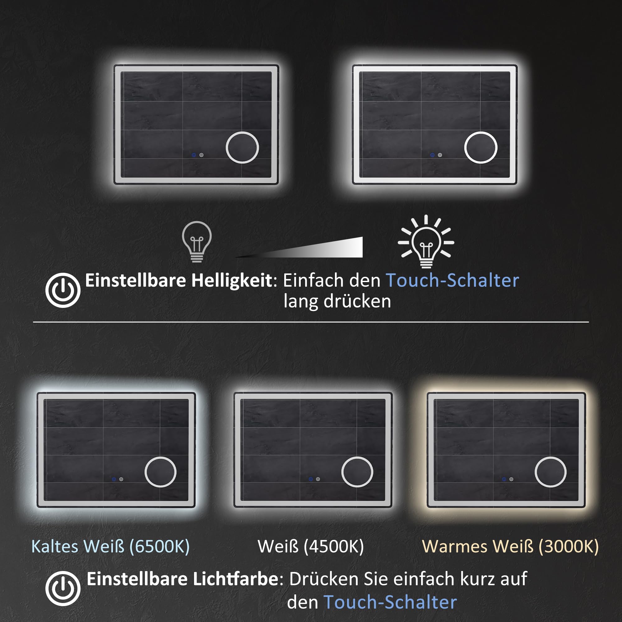 kleankin LED Badezimmerspiegel mit 3X Vergrößerung Badspiegel 80 x 60 cm