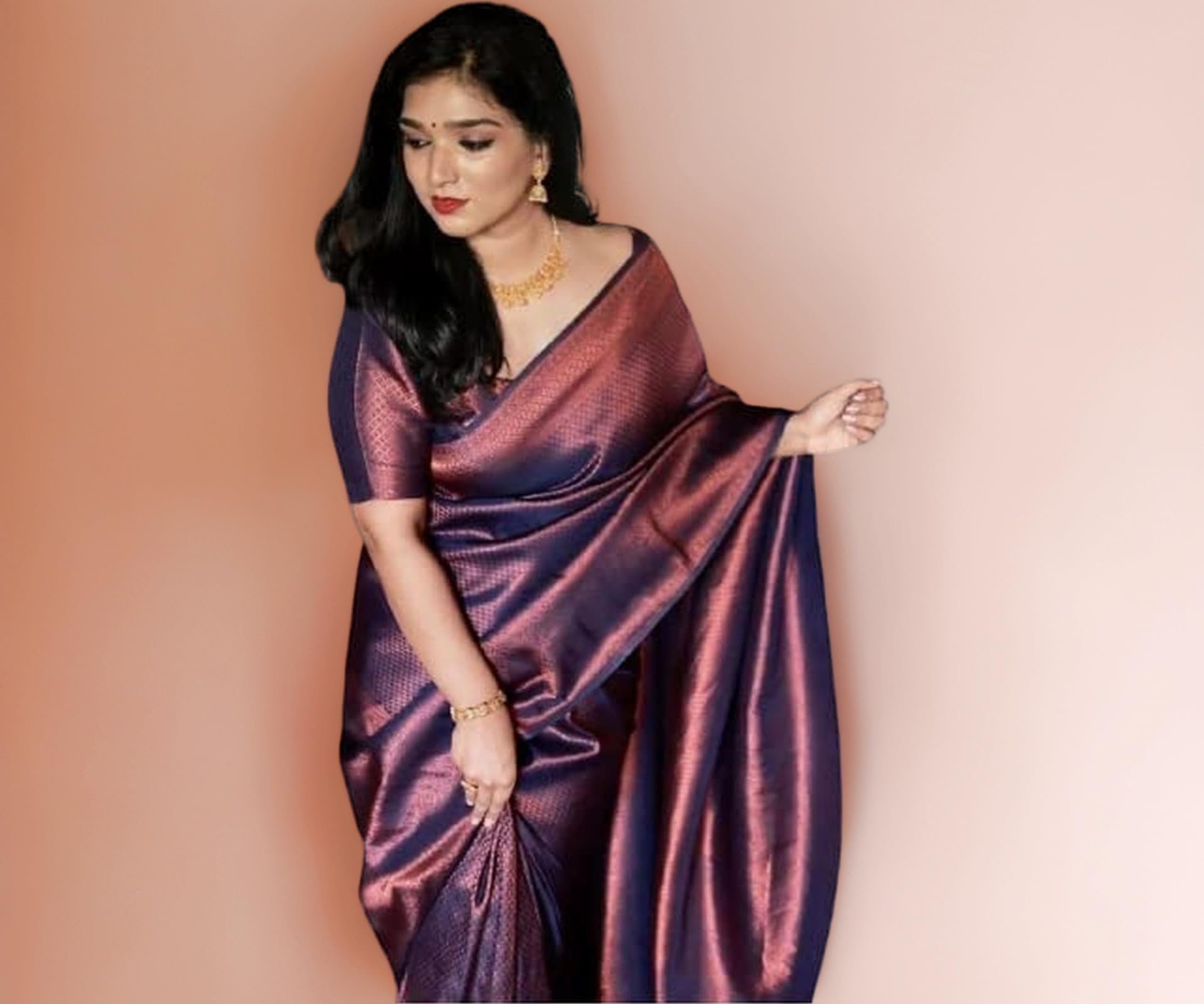 Women's NavyBlue Copper Kanjivaram Banarasi South Indian Traditional Soft Lichi Silk Saree With Un-stitched Blouse Piece